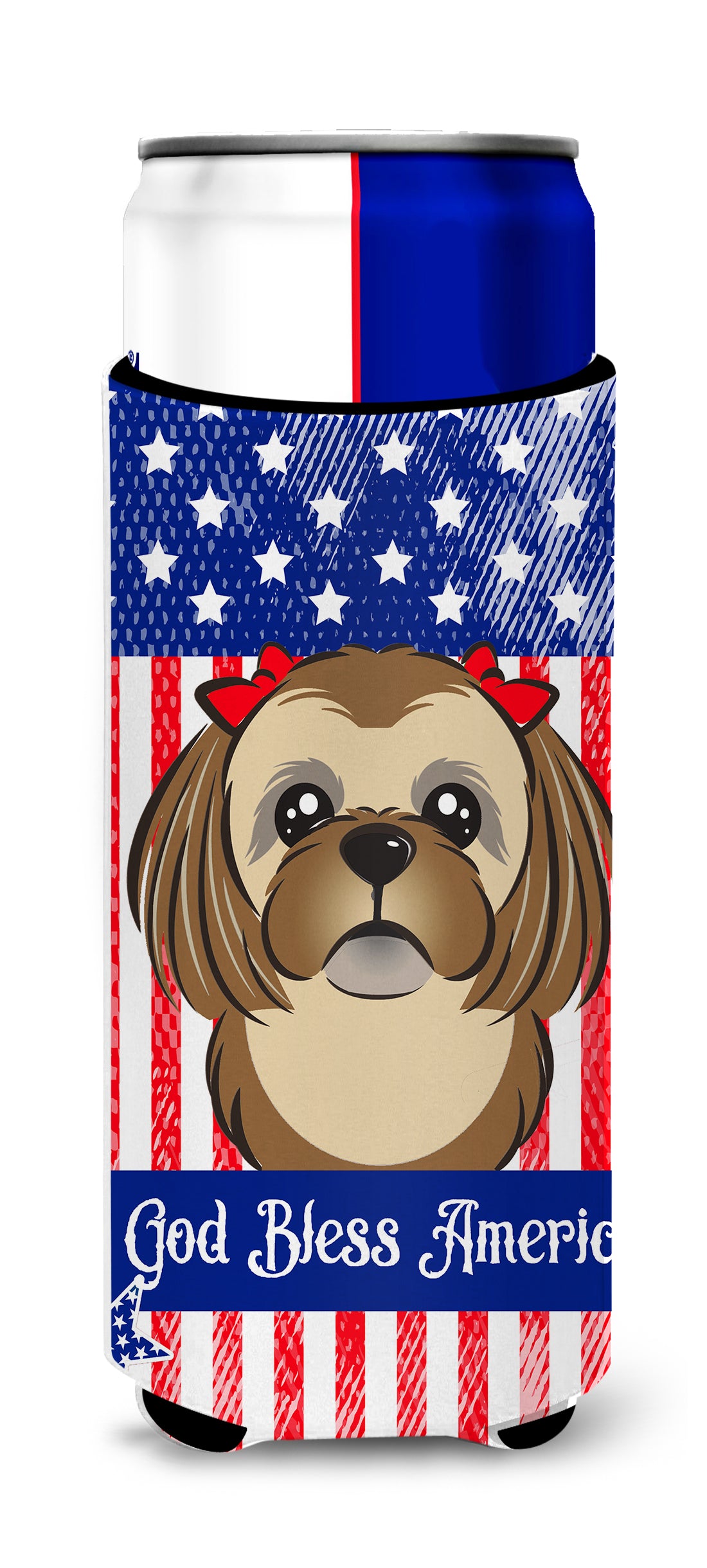 God Bless American Flag with Chocolate Brown Shih Tzu  Ultra Beverage Insulator for slim cans BB2179MUK  the-store.com.