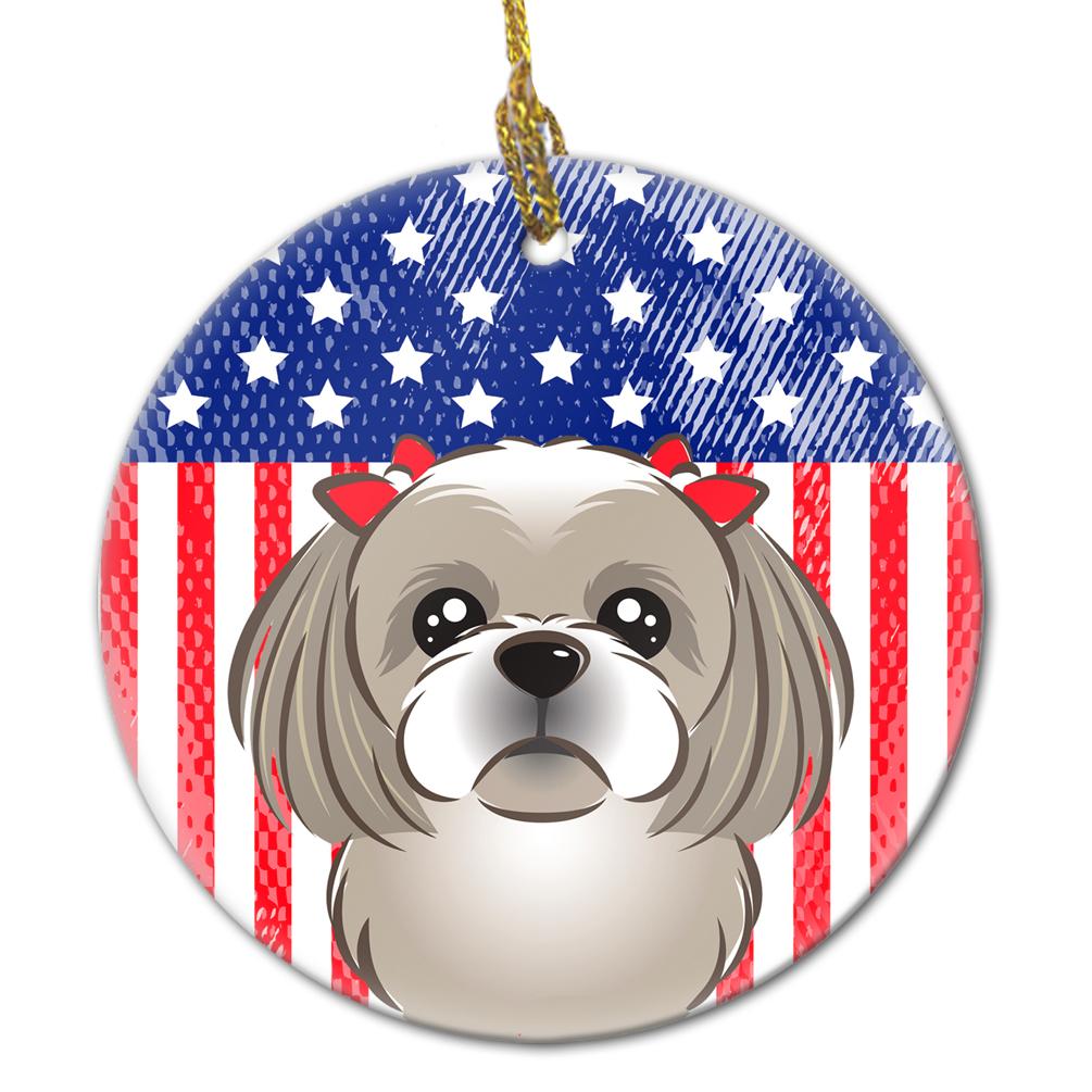 American Flag and Gray Silver Shih Tzu Ceramic Ornament by Caroline&#39;s Treasures