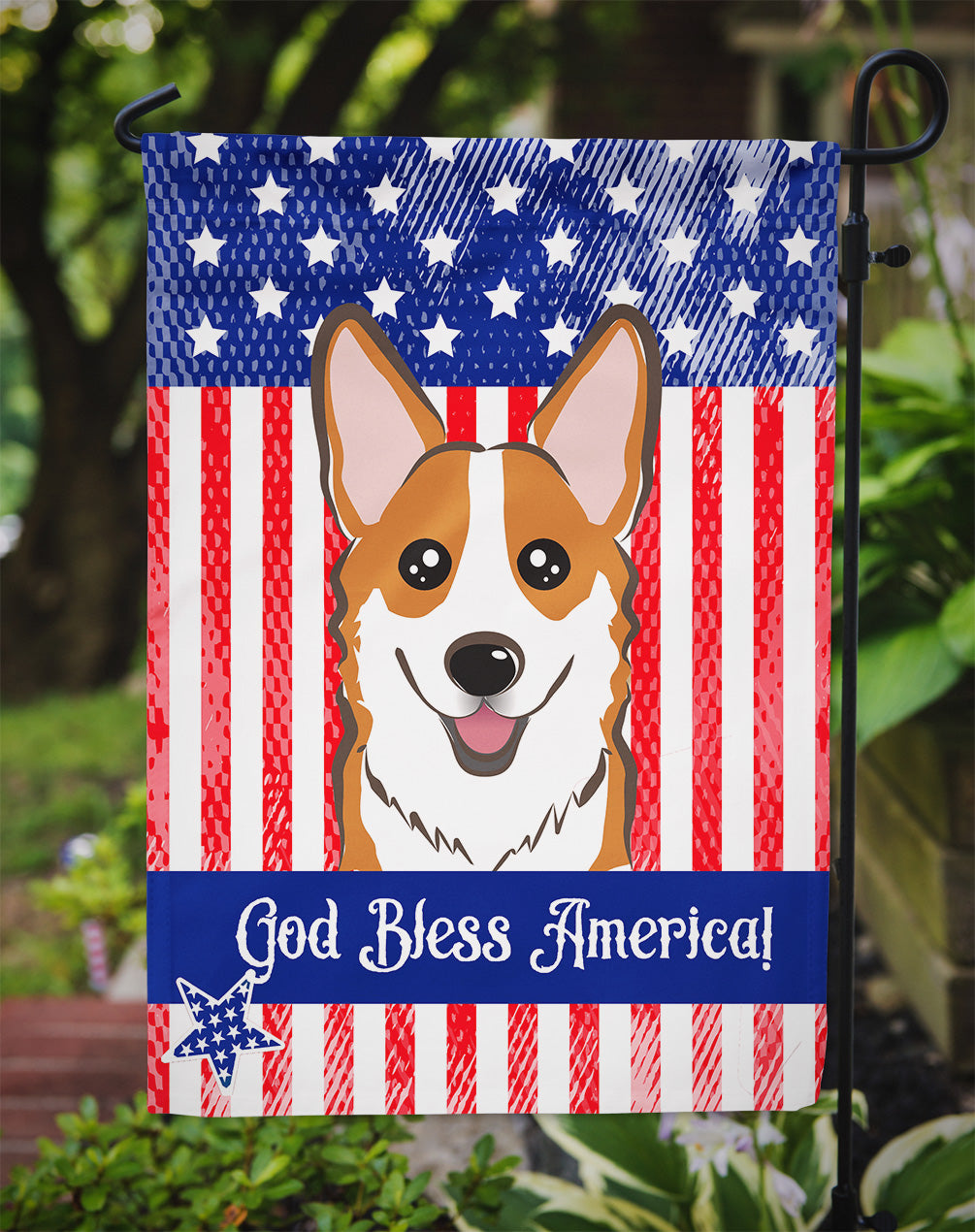 God Bless American Flag with Red Corgi Flag Garden Size BB2184GF.