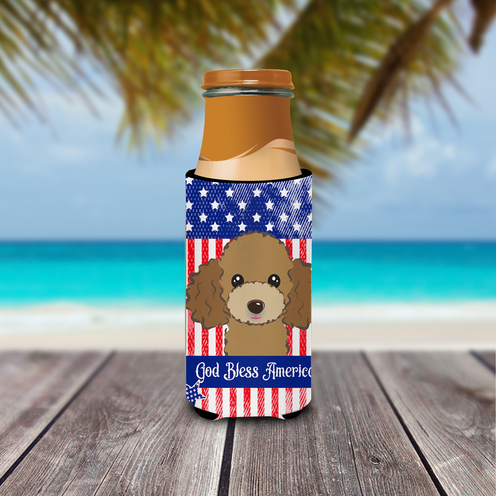 God Bless American Flag with Chocolate Brown Poodle  Ultra Beverage Insulator for slim cans BB2186MUK  the-store.com.