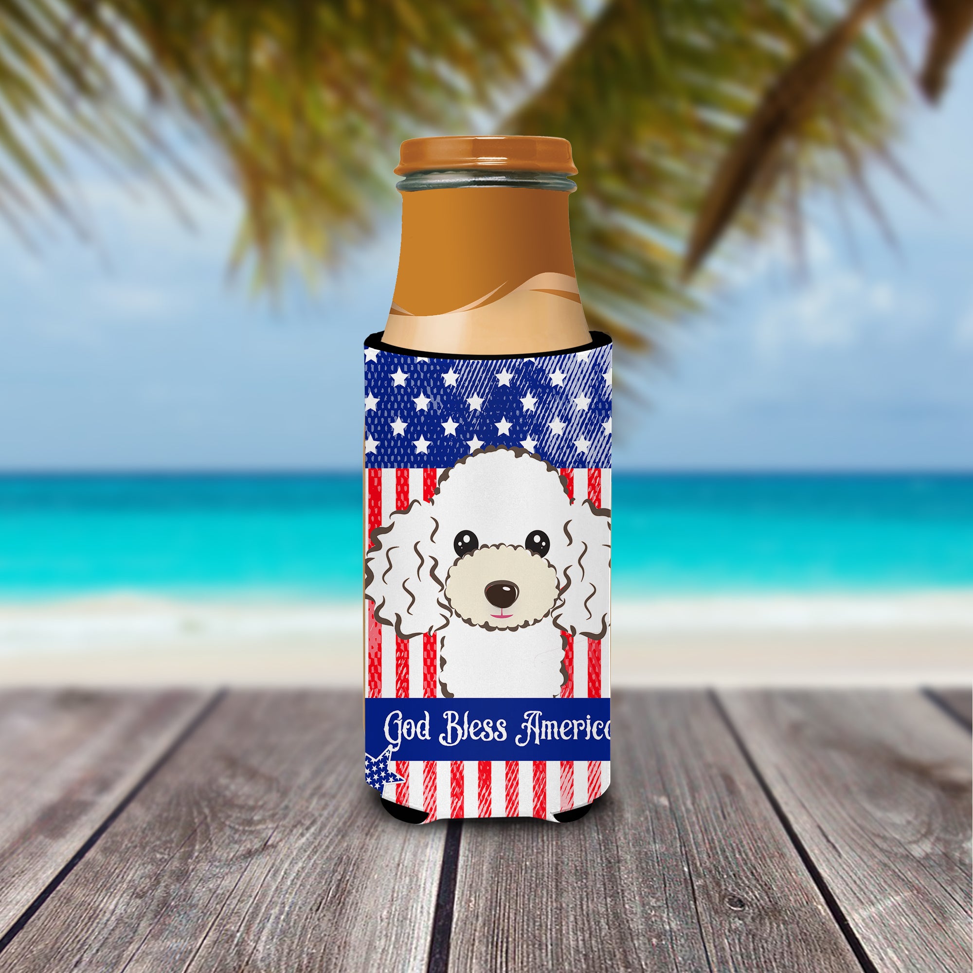 God Bless American Flag with White Poodle  Ultra Beverage Insulator for slim cans BB2187MUK  the-store.com.