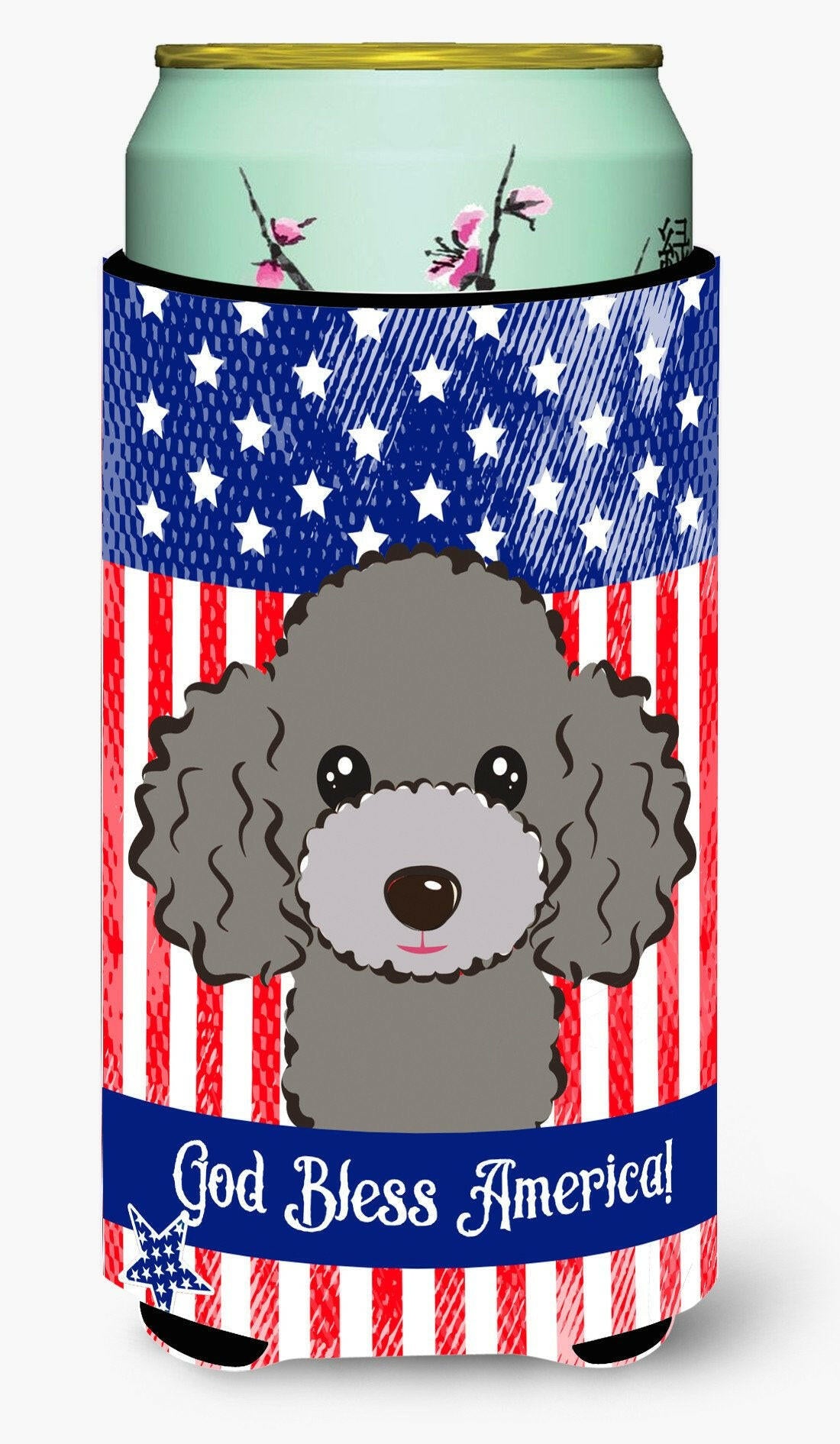 God Bless American Flag with Silver Gray Poodle Tall Boy Beverage Insulator Hugger BB2189TBC by Caroline&#39;s Treasures