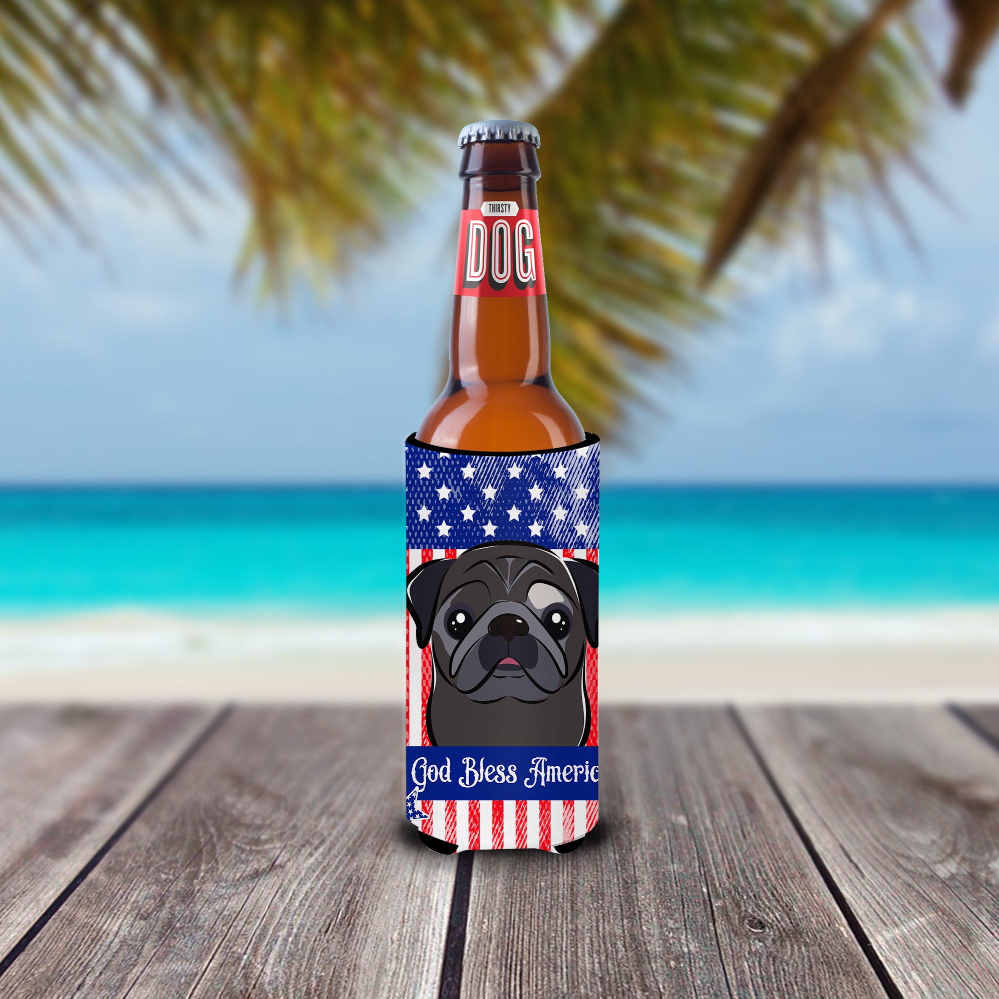 God Bless American Flag with Black Pug  Ultra Beverage Insulator for slim cans BB2193MUK  the-store.com.