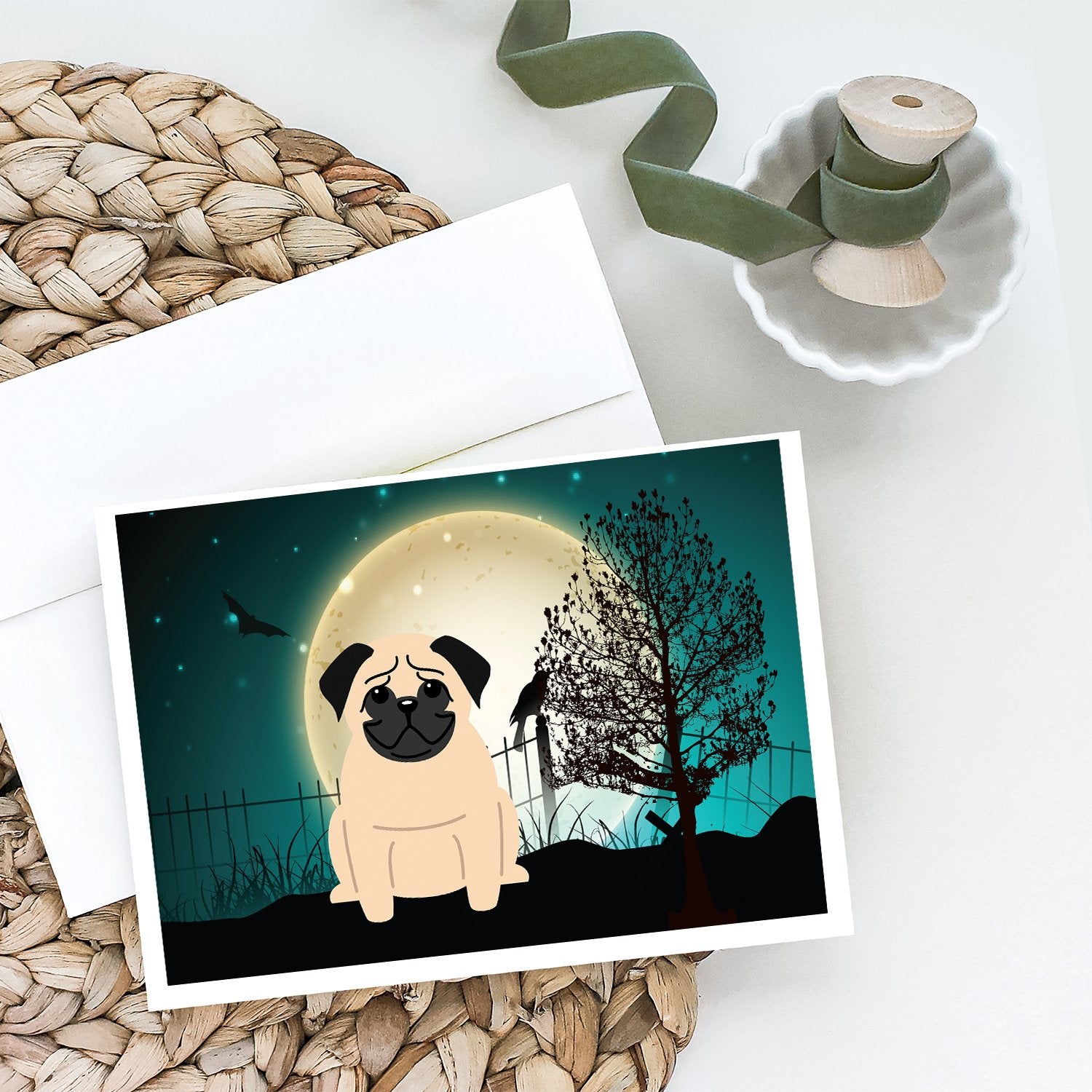 Buy this Halloween Scary Pug Fawn Greeting Cards and Envelopes Pack of 8