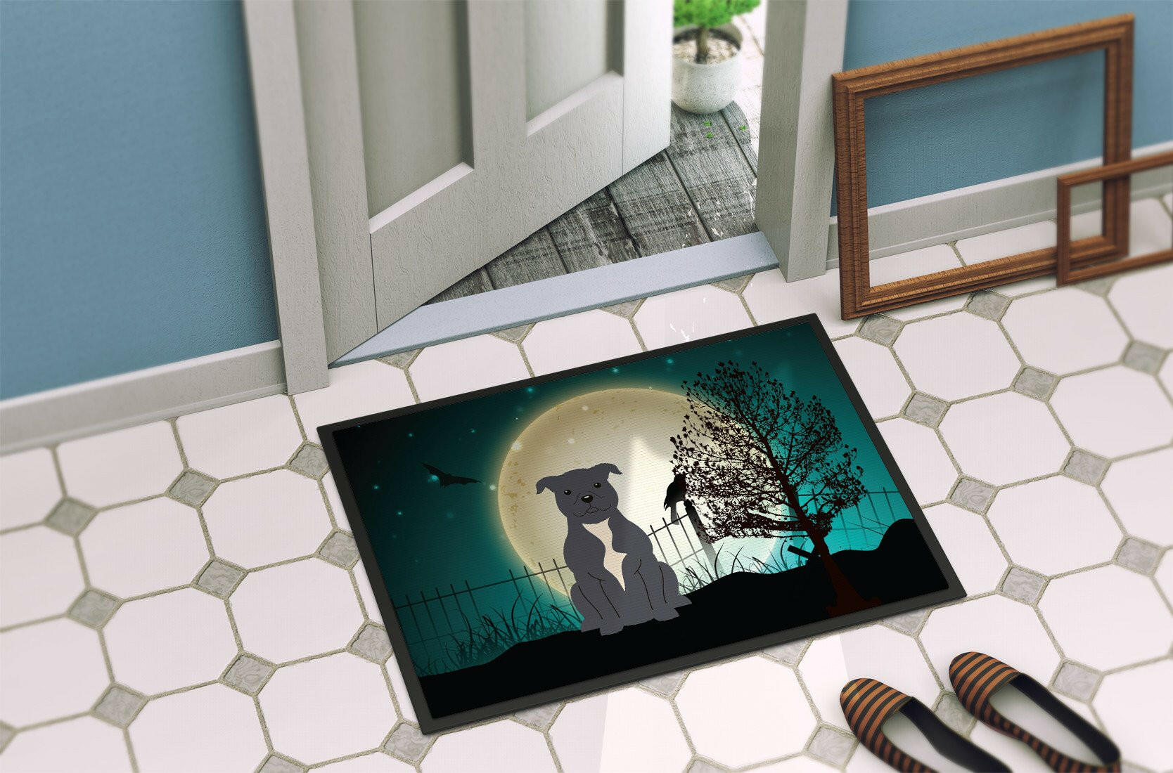 Halloween Scary Staffordshire Bull Terrier Blue Indoor or Outdoor Mat 24x36 BB2236JMAT - the-store.com