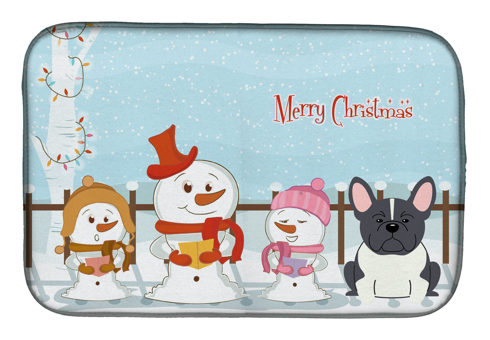 Merry Christmas Carolers French Bulldog Black White Dish Drying Mat BB2343DDM  the-store.com.