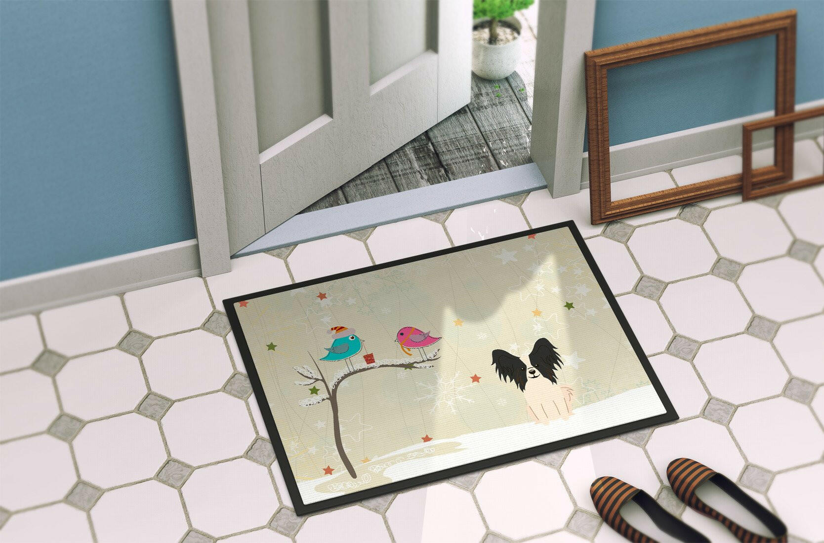 Christmas Presents between Friends Papillon Black White Indoor or Outdoor Mat 24x36 BB2548JMAT - the-store.com