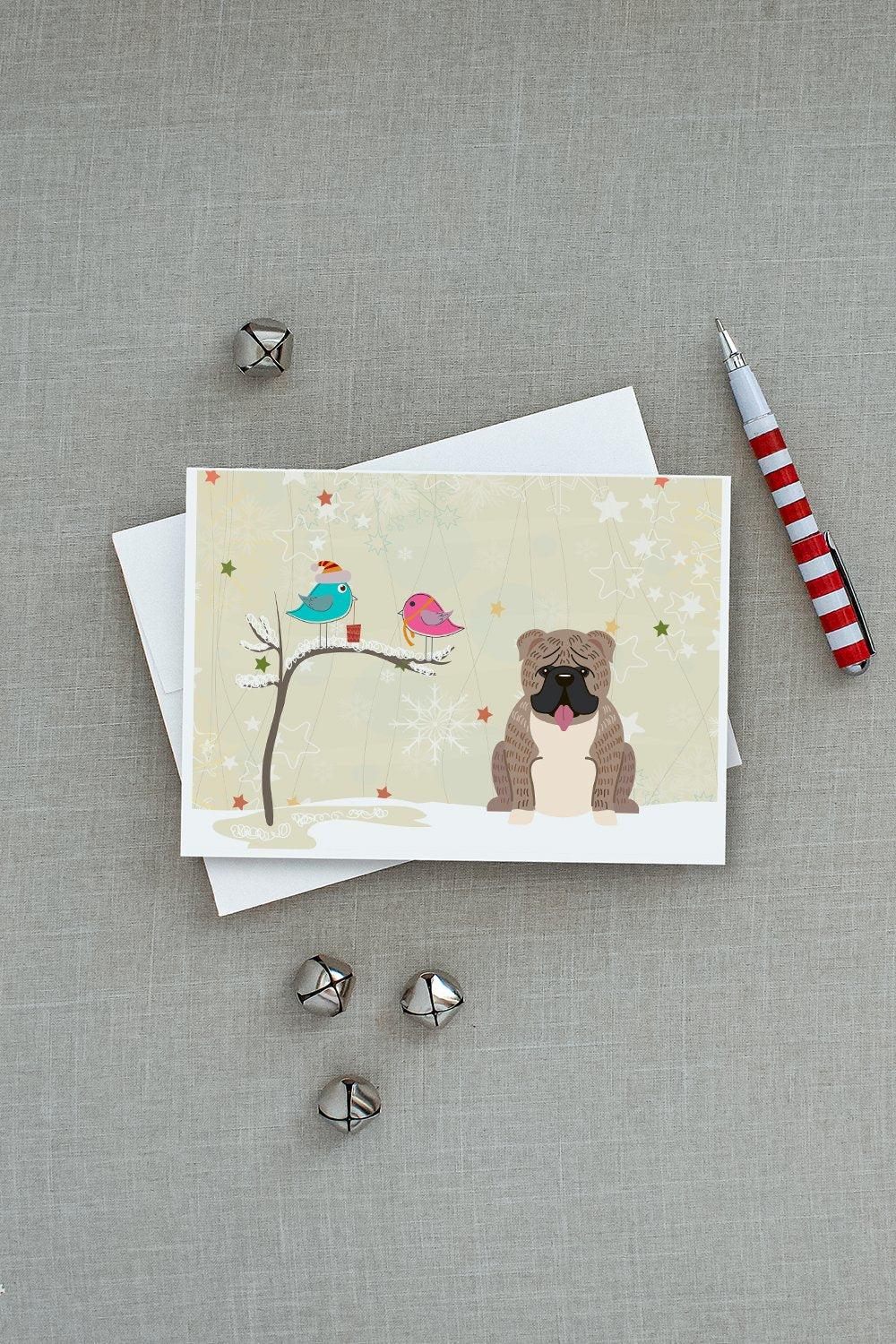 Christmas Presents between Friends English Bulldog - Grey Brindle Greeting Cards and Envelopes Pack of 8 - the-store.com