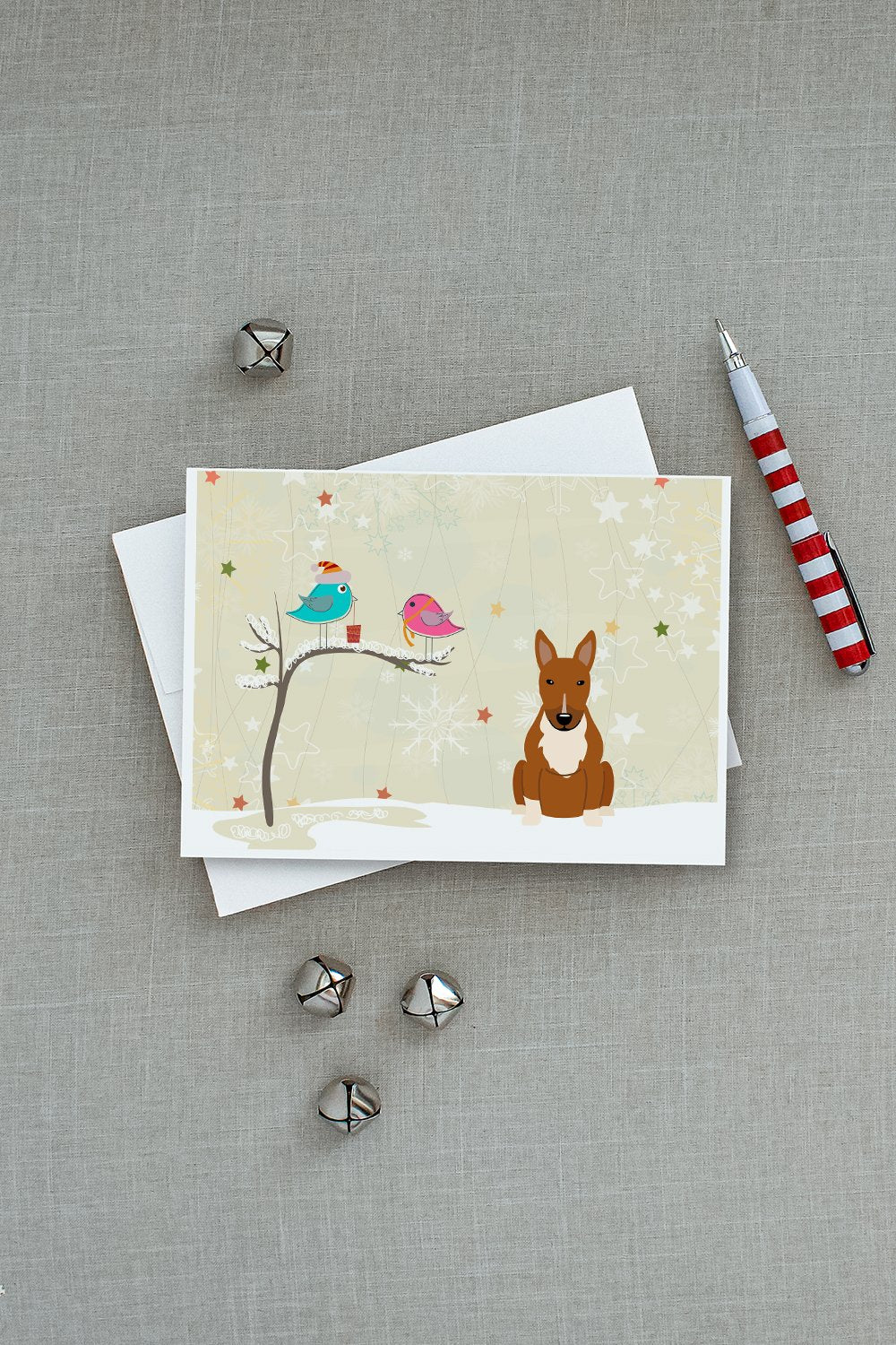 Christmas Presents between Friends Bull Terrier - Red Greeting Cards and Envelopes Pack of 8 - the-store.com