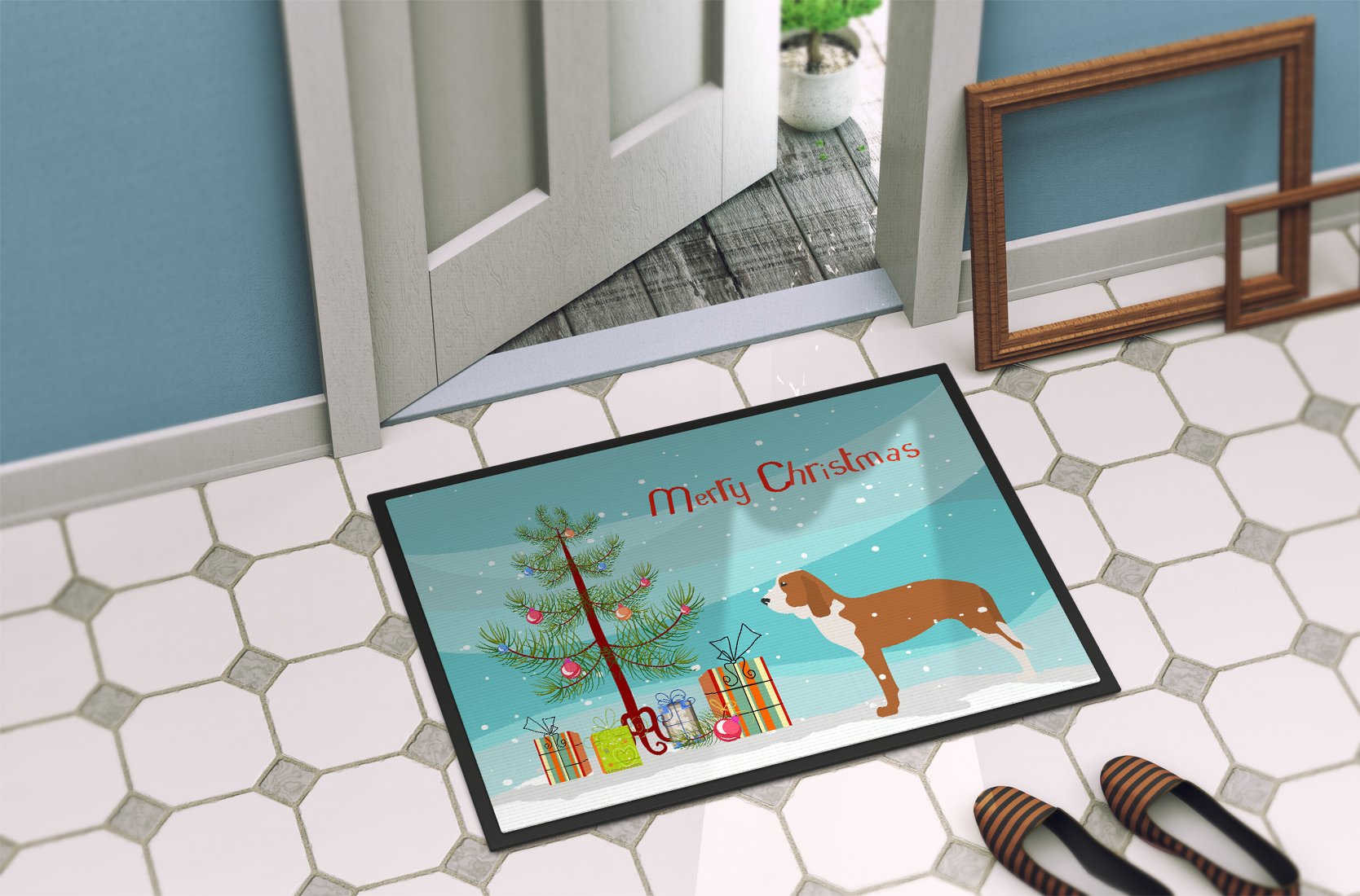 Spanish Hound Merry Christmas Tree Indoor or Outdoor Mat 24x36 BB2909JMAT by Caroline's Treasures