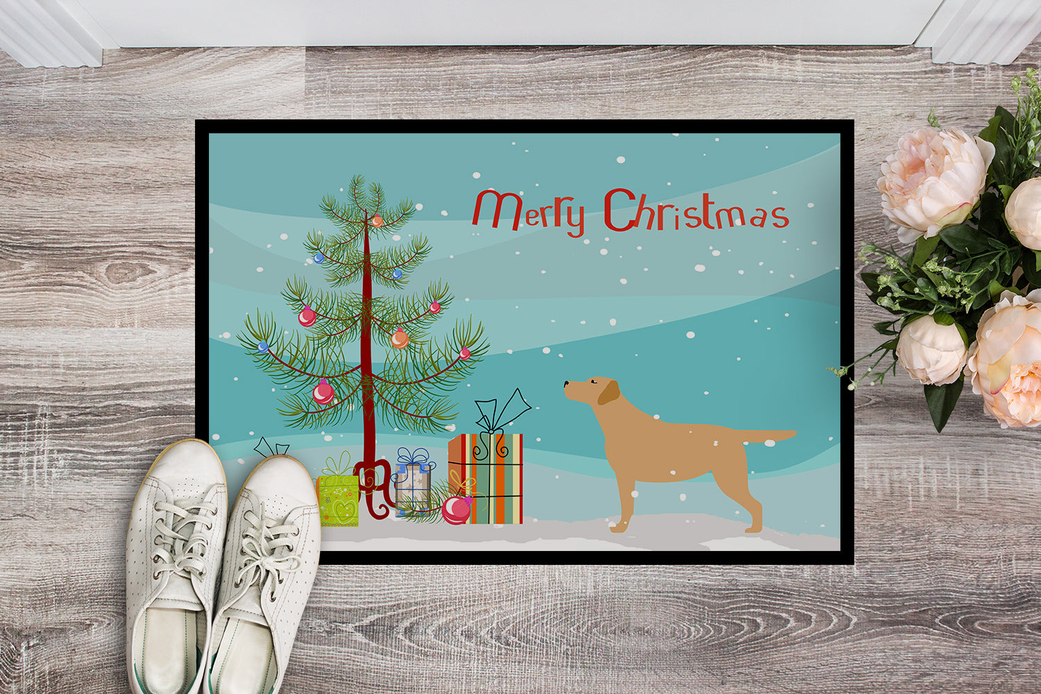 Yellow Labrador Retriever Merry Christmas Tree Indoor or Outdoor Mat 18x27 BB2915MAT - the-store.com