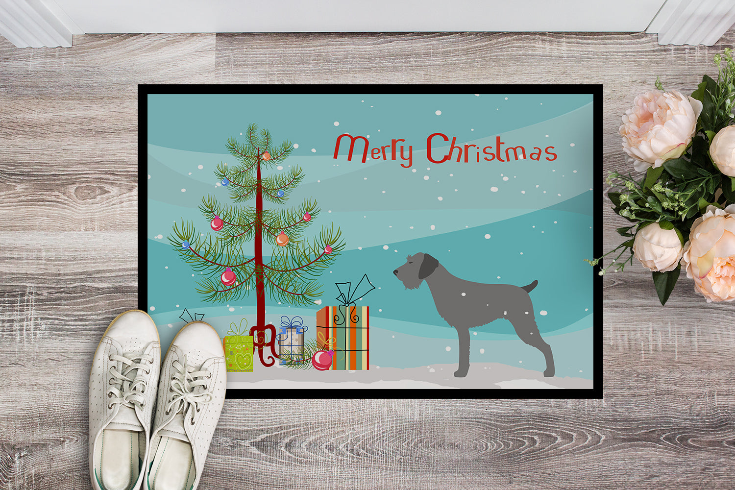 German Wirehaired Pointer Merry Christmas Tree Indoor or Outdoor Mat 18x27 BB2929MAT - the-store.com