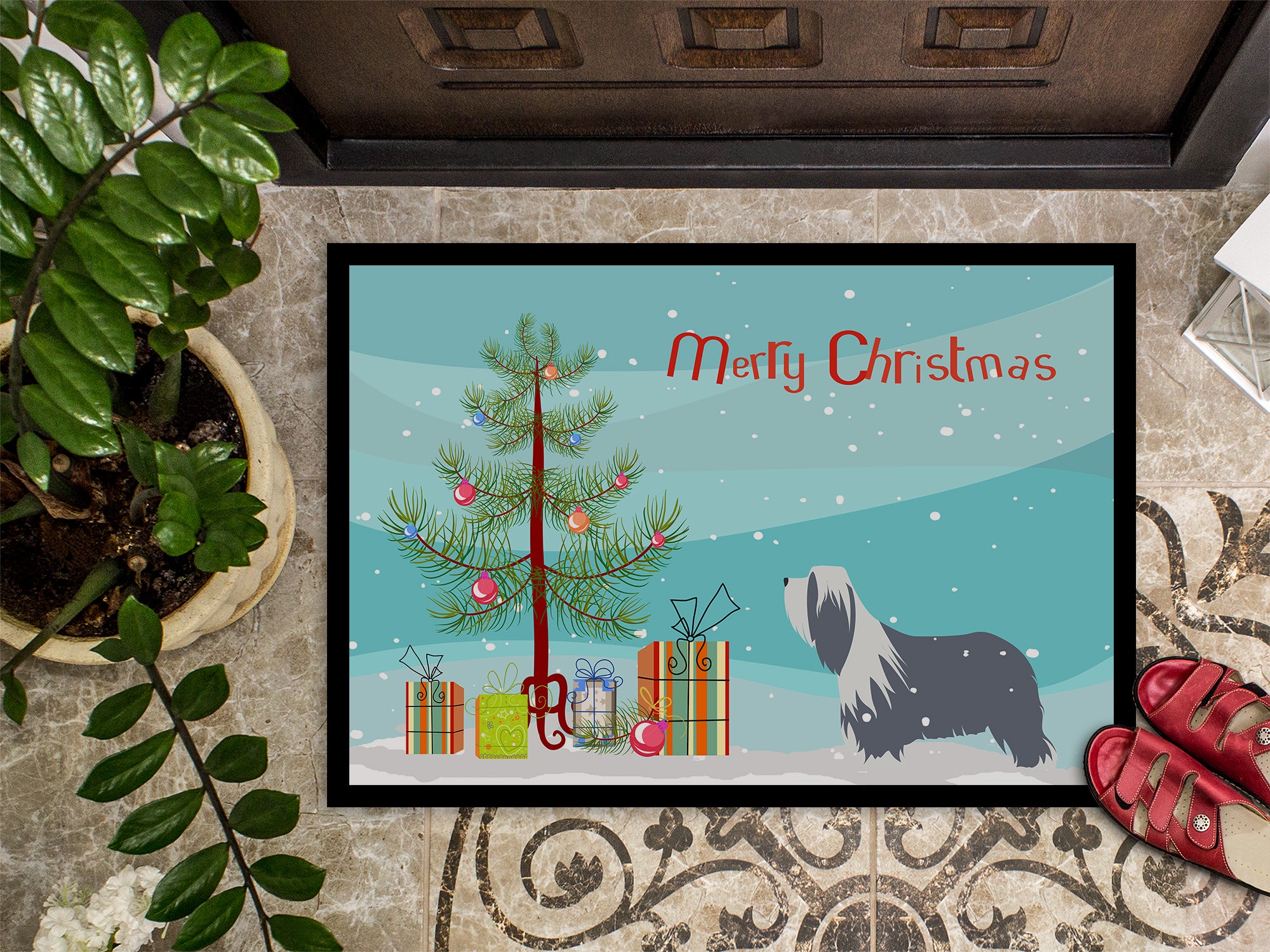 Bearded Collie Dog Merry Christmas Tree Indoor or Outdoor Mat 18x27 BB2935MAT - the-store.com