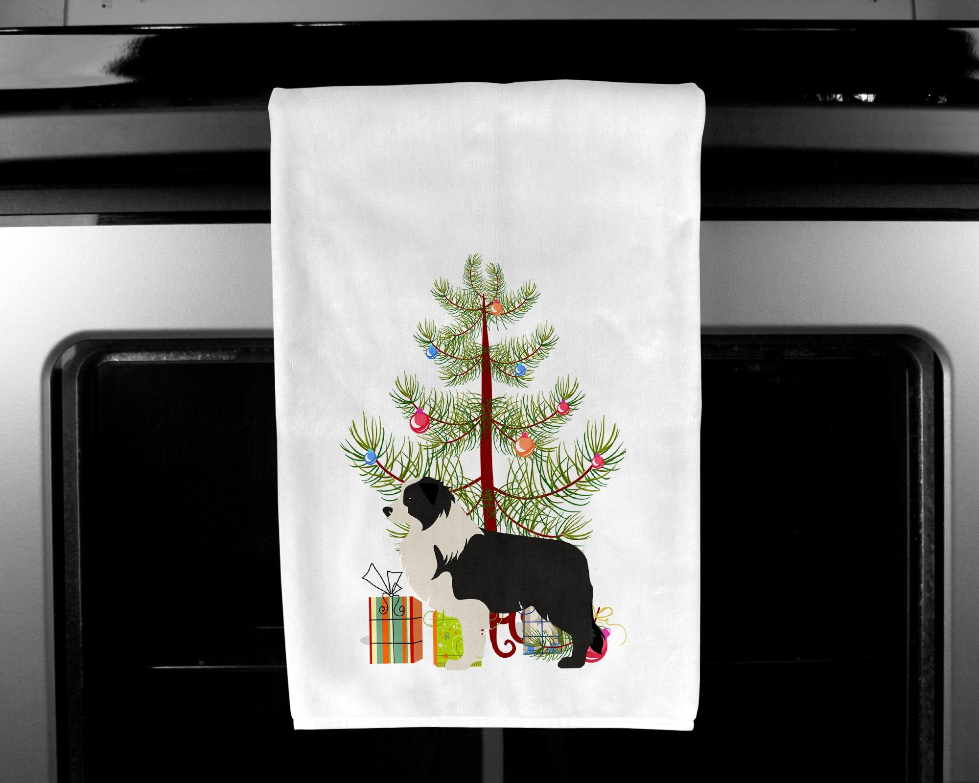 Black Border Collie Merry Christmas Tree White Kitchen Towel Set of 2 BB2941WTKT by Caroline's Treasures