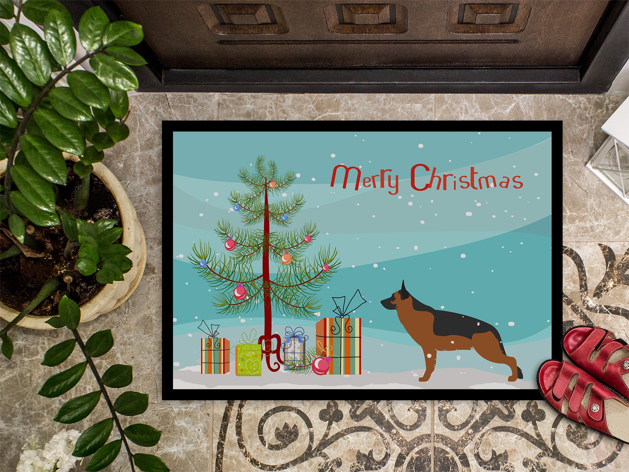 German Shepherd Merry Christmas Tree Indoor or Outdoor Mat 18x27 BB2942MAT - the-store.com