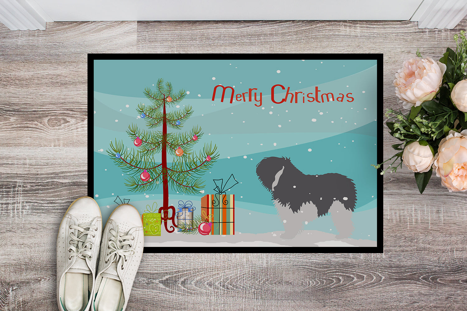 Polish Lowland Sheepdog Dog Merry Christmas Tree Indoor or Outdoor Mat 18x27 BB2950MAT - the-store.com