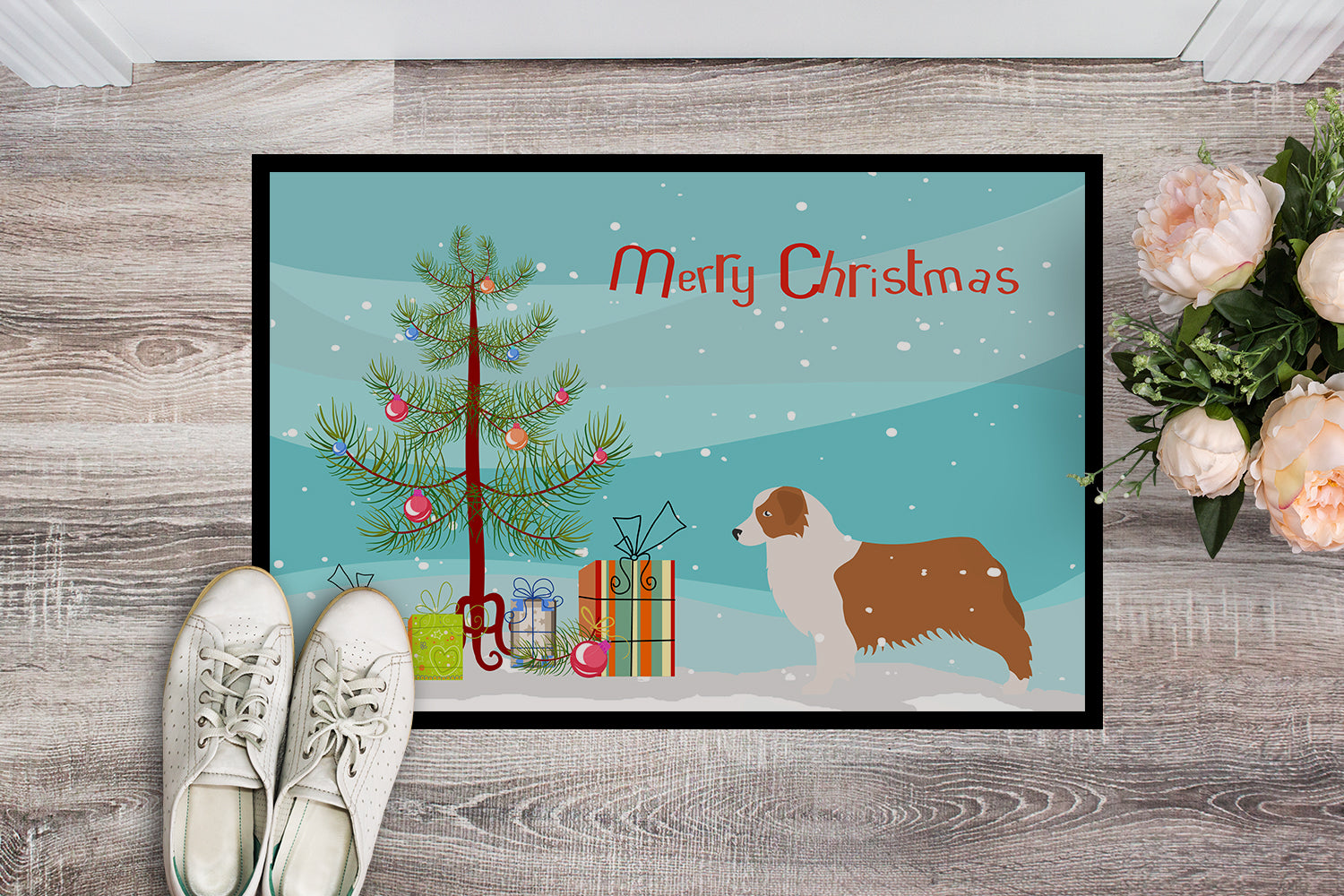 Australian Shepherd Dog Merry Christmas Tree Indoor or Outdoor Mat 18x27 BB2951MAT - the-store.com