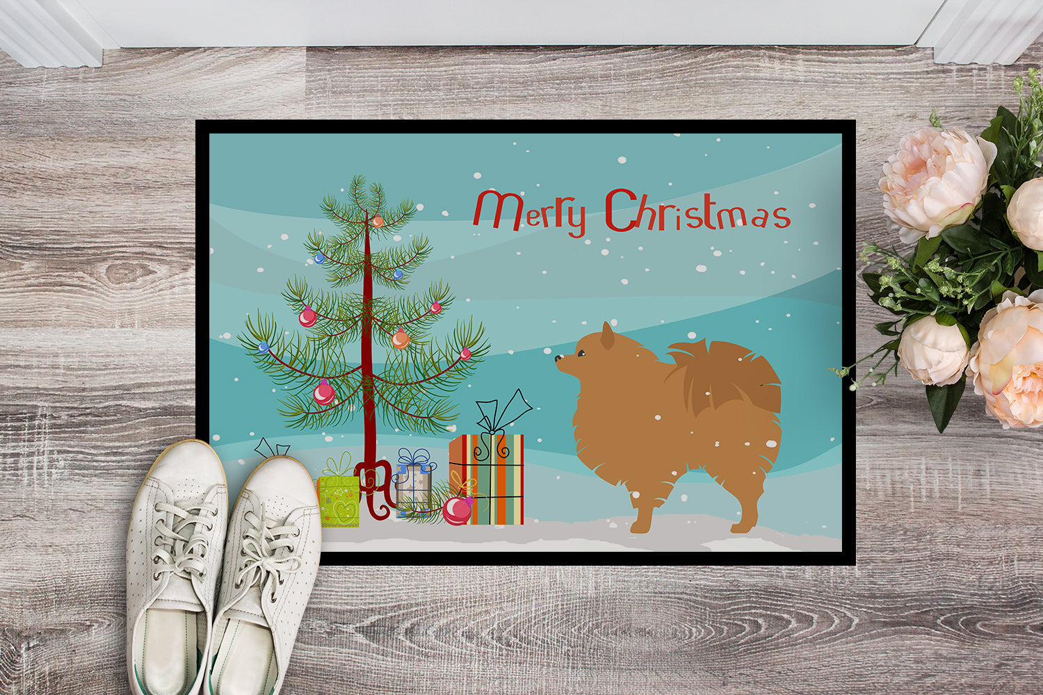 Pomeranian Merry Christmas Tree Indoor or Outdoor Mat 18x27 BB2960MAT - the-store.com