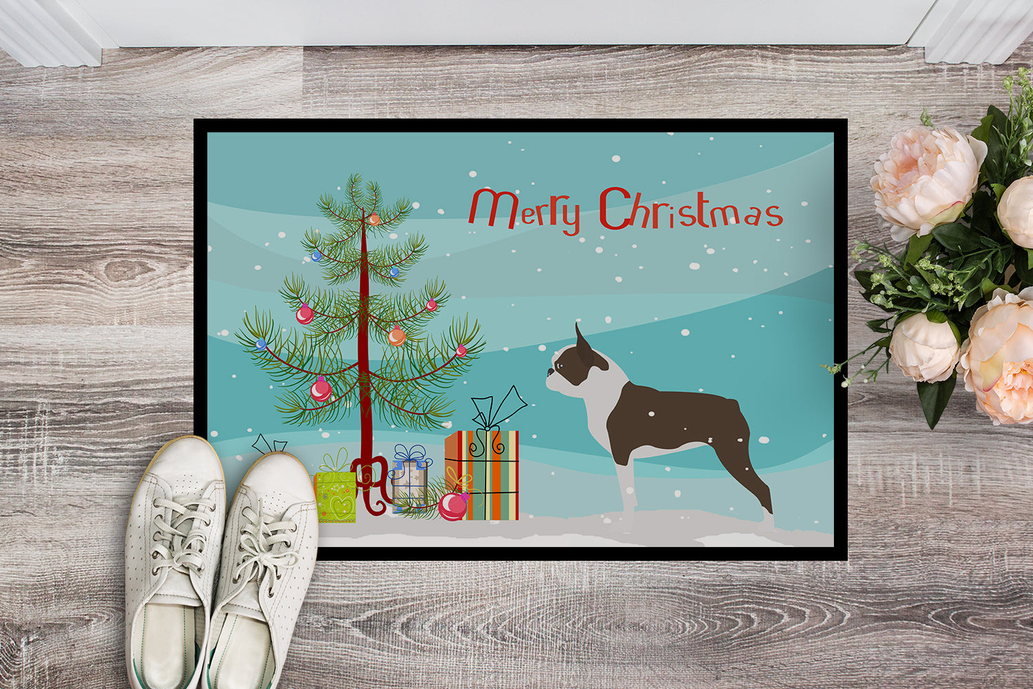 Boston Terrier Merry Christmas Tree Indoor or Outdoor Mat 18x27 BB2962MAT - the-store.com