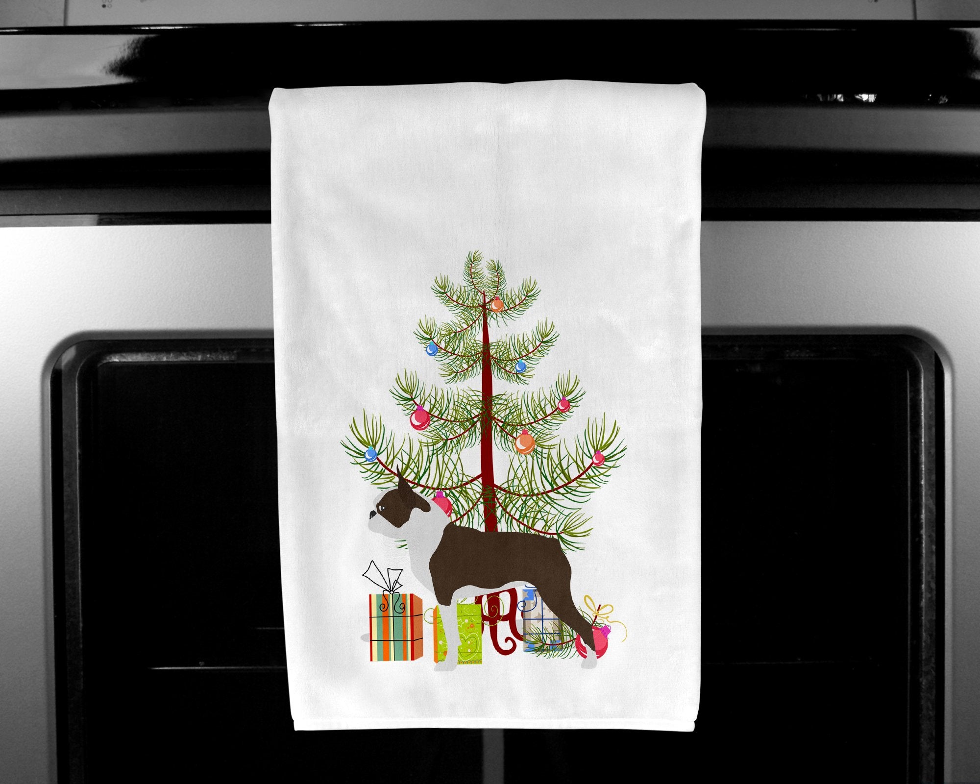 Boston Terrier Merry Christmas Tree White Kitchen Towel Set of 2 BB2962WTKT by Caroline's Treasures