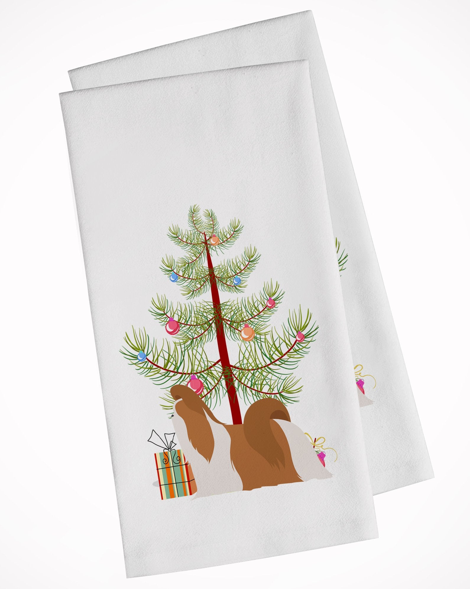 Shih Tzu Merry Christmas Tree White Kitchen Towel Set of 2 BB2964WTKT by Caroline's Treasures