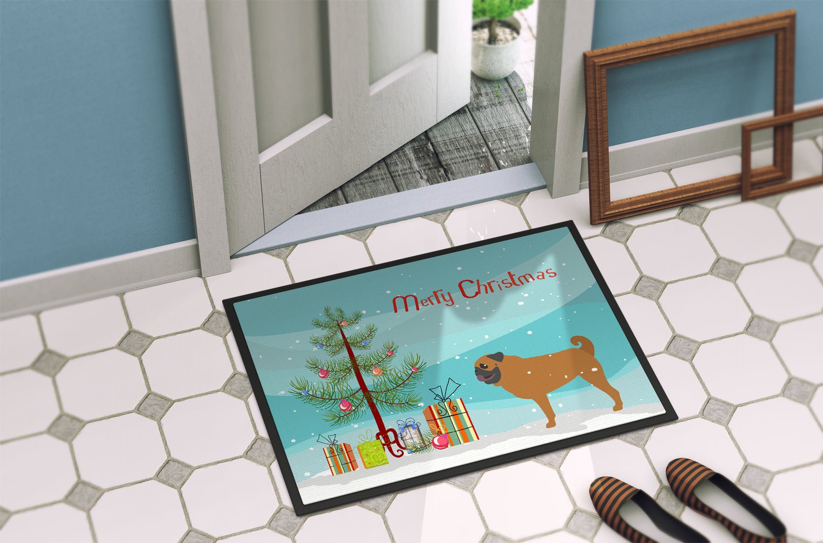 Pug Merry Christmas Tree Indoor or Outdoor Mat 18x27 BB2965MAT - the-store.com