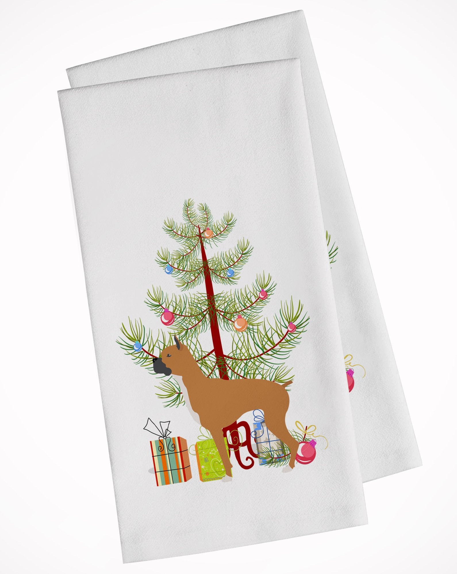 Boxer Merry Christmas Tree White Kitchen Towel Set of 2 BB2971WTKT by Caroline's Treasures