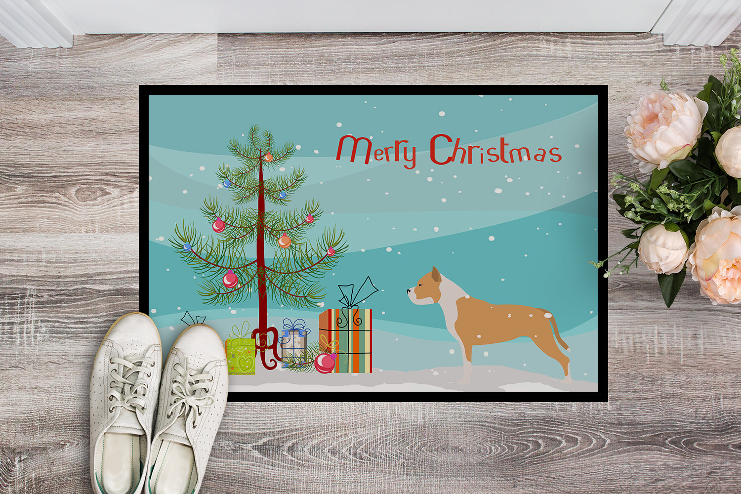 Staffordshire Bull Terrier Merry Christmas Tree Indoor or Outdoor Mat 18x27 BB2972MAT - the-store.com