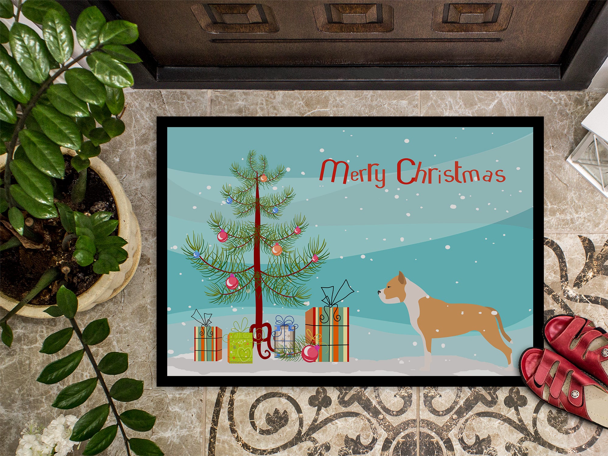 Staffordshire Bull Terrier Merry Christmas Tree Indoor or Outdoor Mat 18x27 BB2972MAT - the-store.com