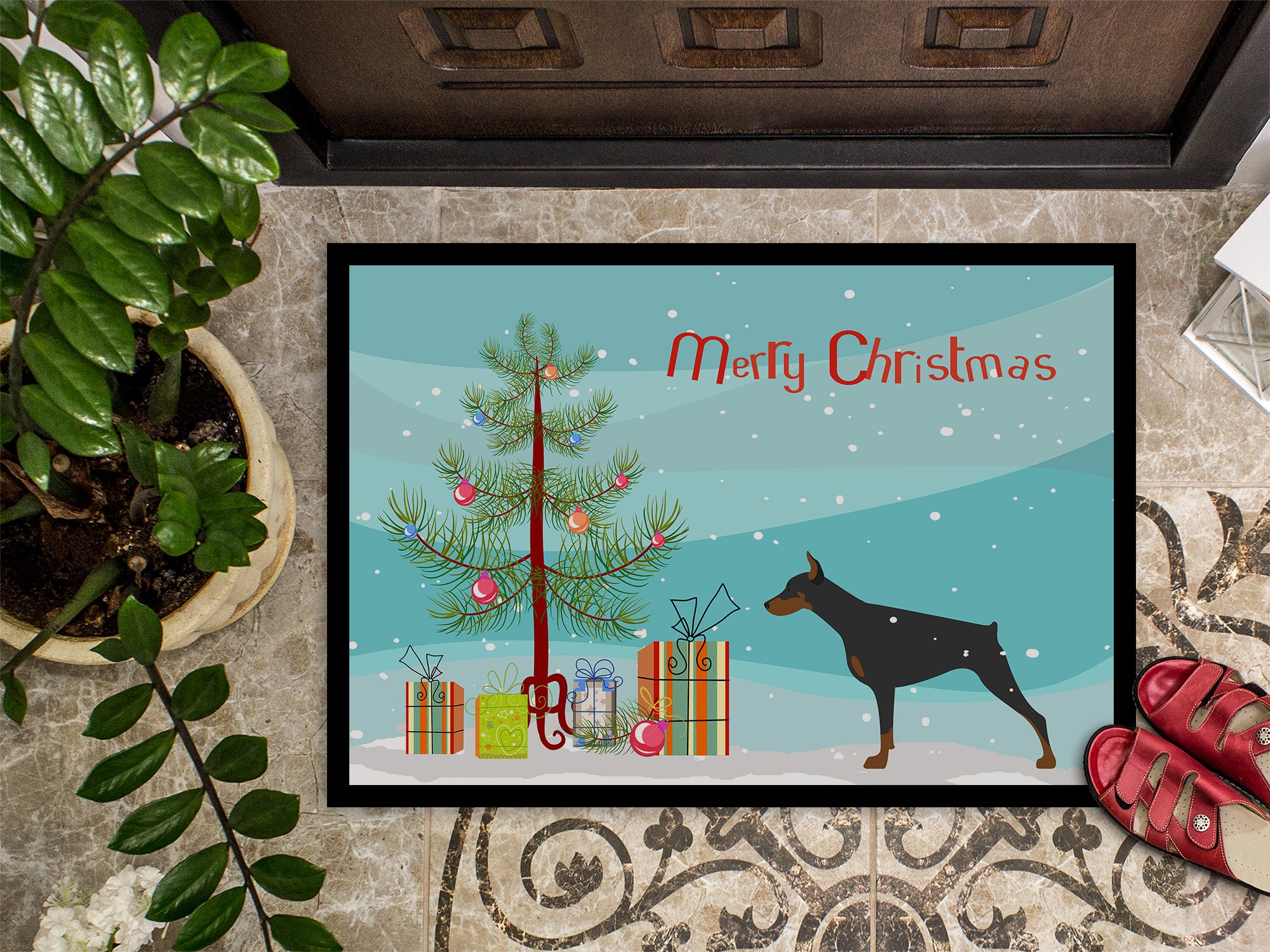 Doberman Pinscher Merry Christmas Tree Indoor or Outdoor Mat 18x27 BB2978MAT - the-store.com