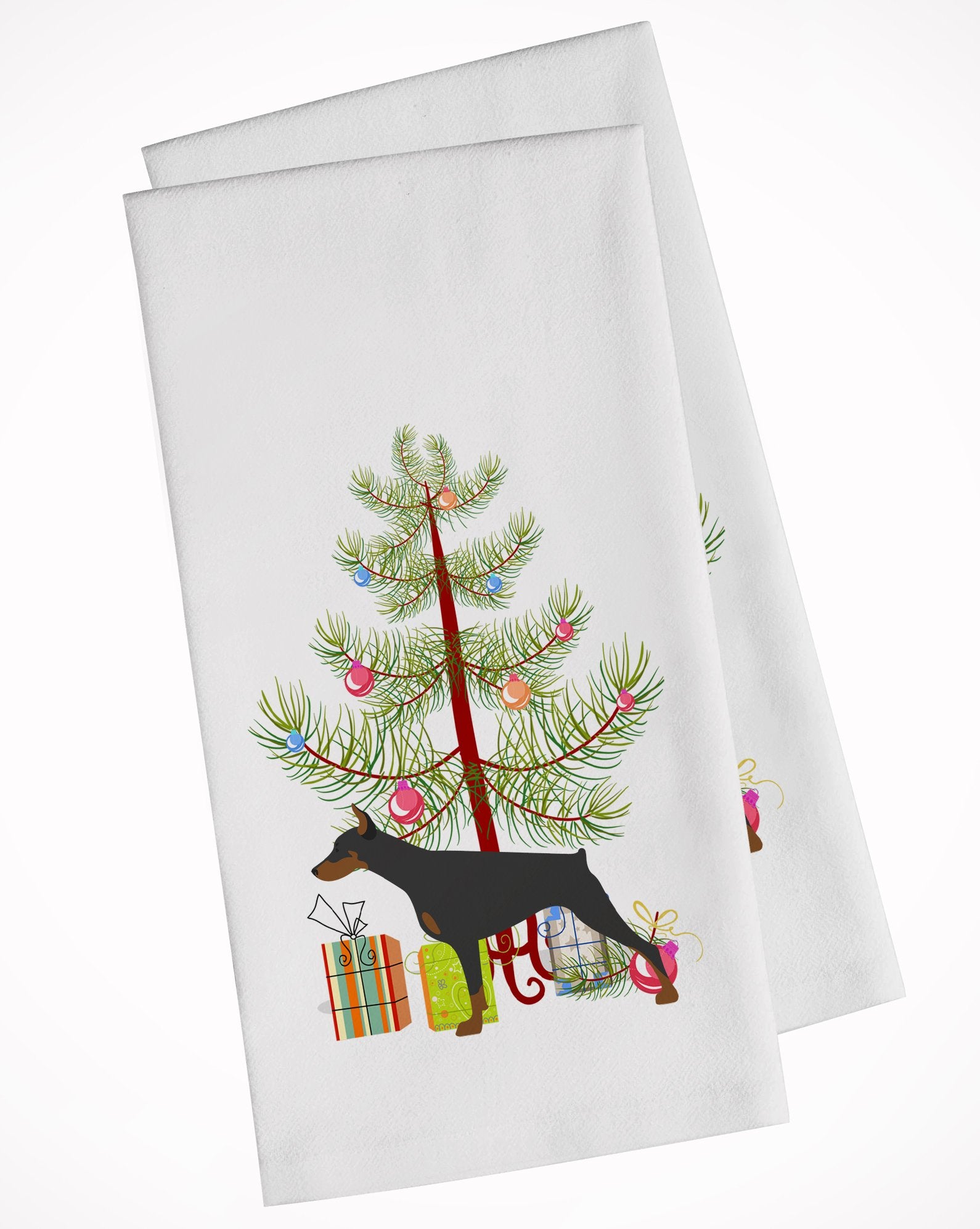 Doberman Pinscher Merry Christmas Tree White Kitchen Towel Set of 2 BB2978WTKT by Caroline's Treasures