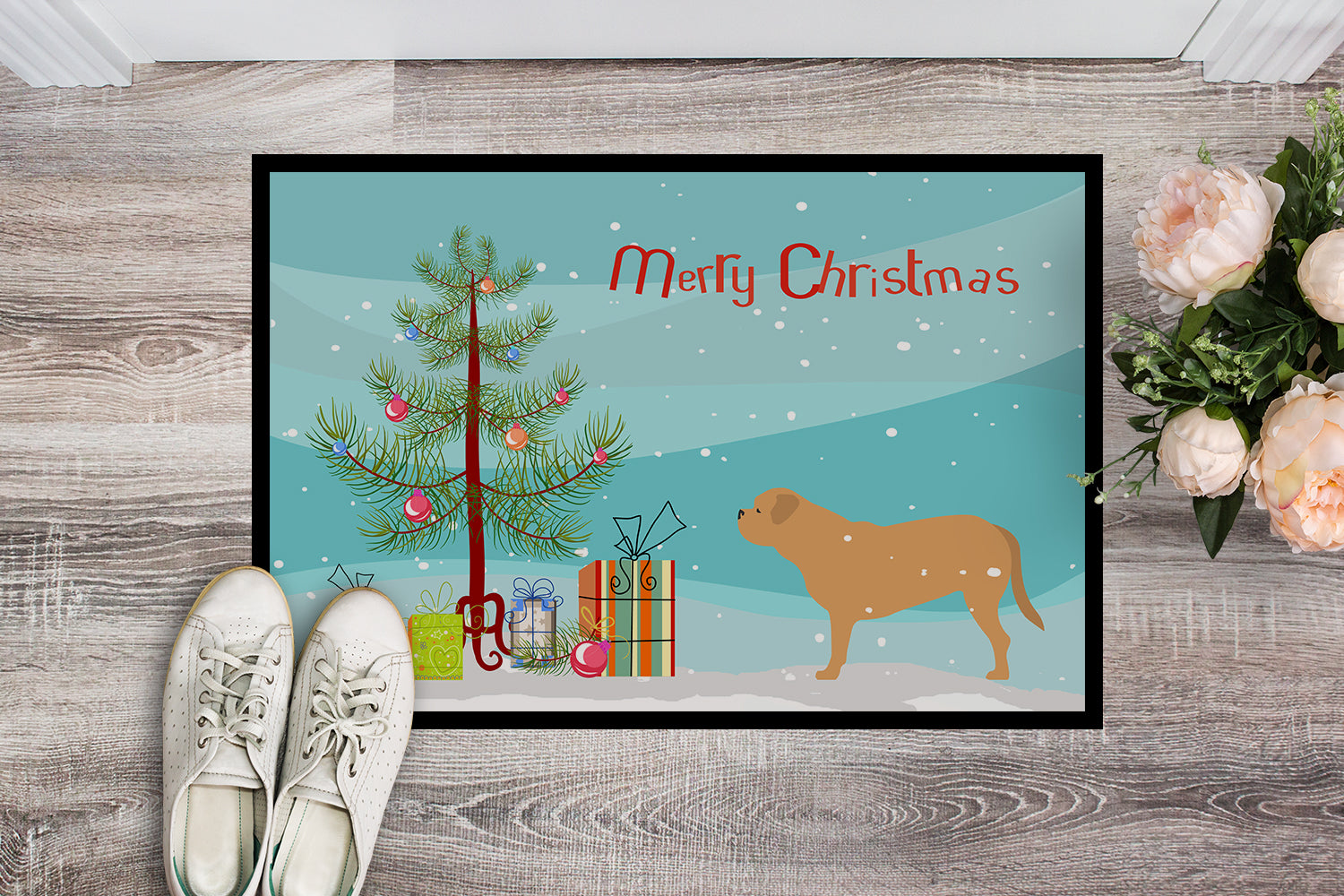 Dogue de Bordeaux Merry Christmas Tree Indoor or Outdoor Mat 18x27 BB2988MAT - the-store.com