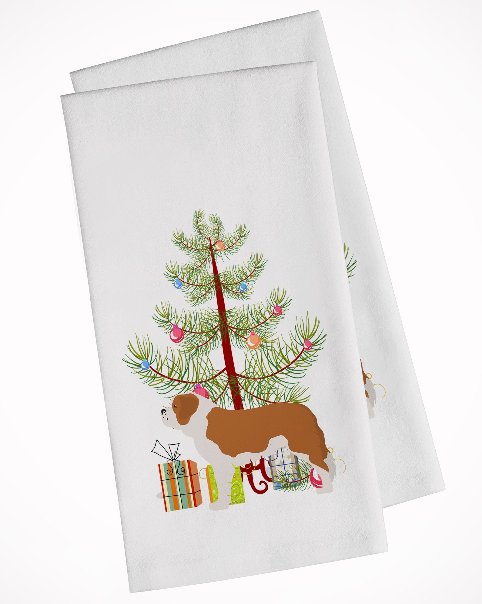 Saint Bernard Merry Christmas Tree White Kitchen Towel Set of 2 BB2994WTKT by Caroline's Treasures