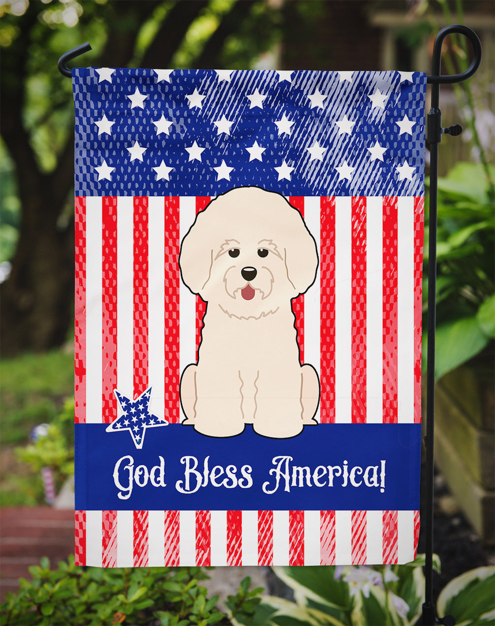 Patriotic USA Bichon Frise Flag Garden Size  the-store.com.