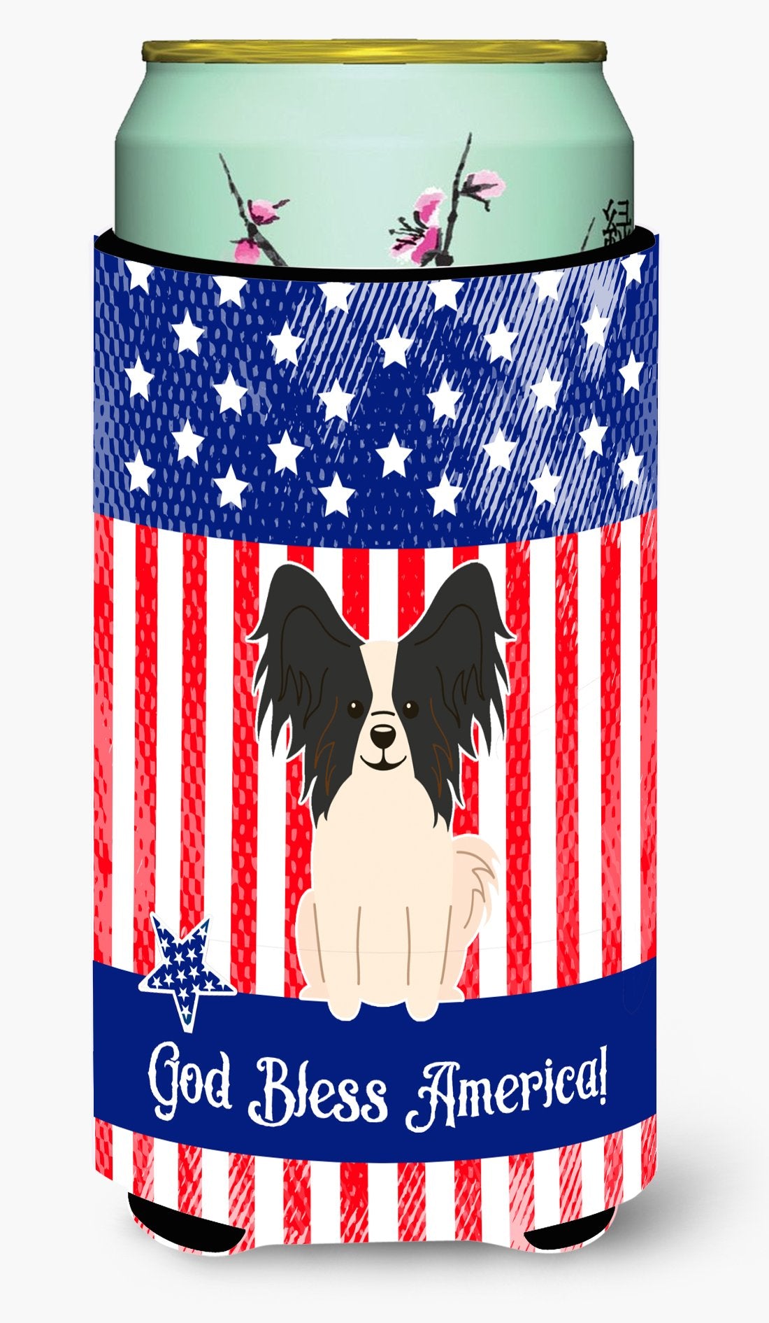 Patriotic USA Papillon Black White Tall Boy Beverage Insulator Hugger BB3071TBC by Caroline's Treasures