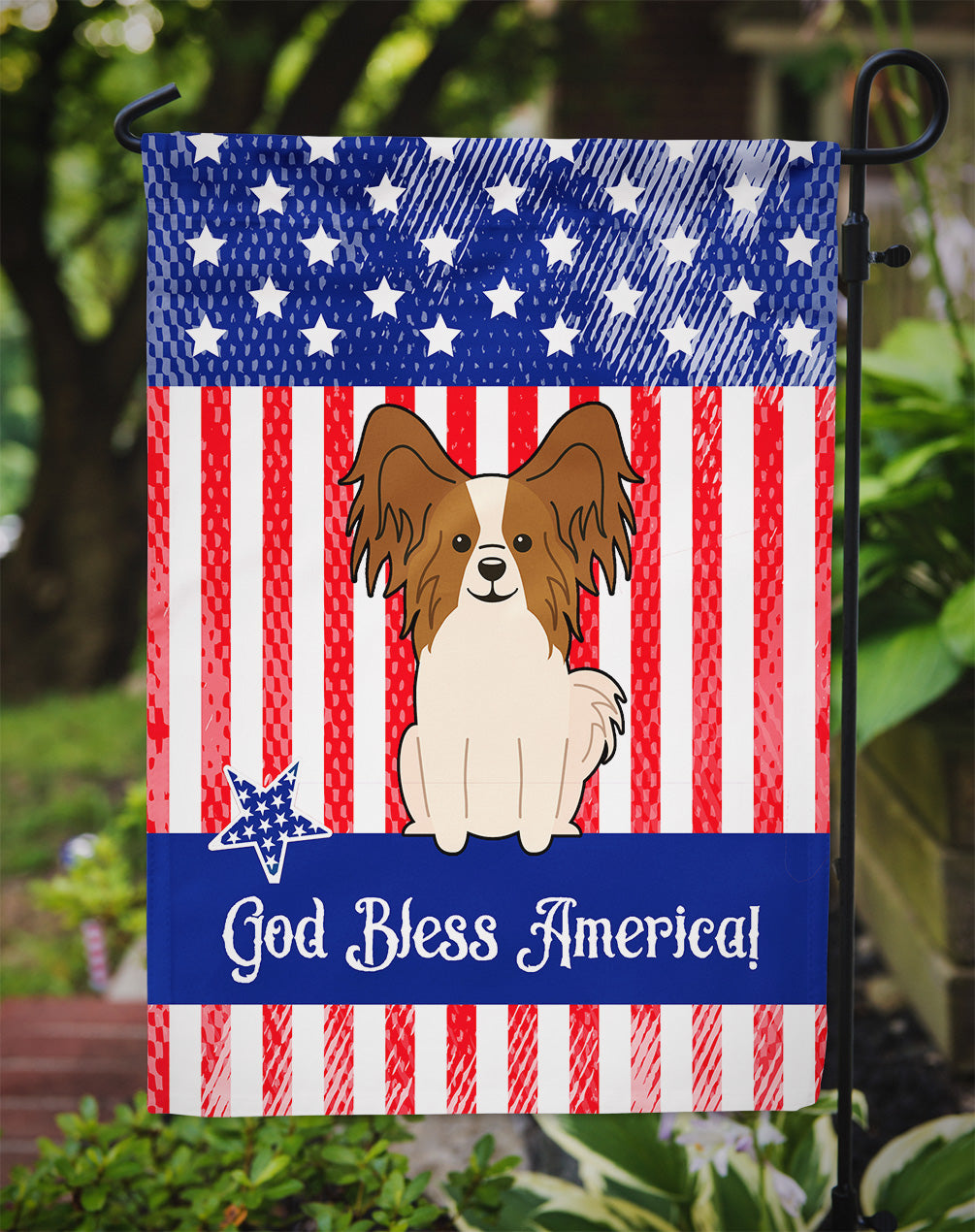 Patriotic USA Papillon Red White Flag Garden Size  the-store.com.