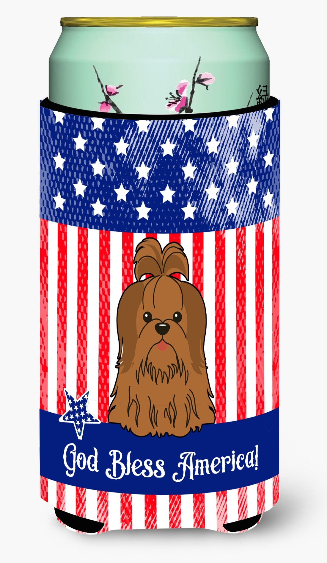 Patriotic USA Shih Tzu Silver Chocolate Tall Boy Beverage Insulator Hugger by Caroline&#39;s Treasures