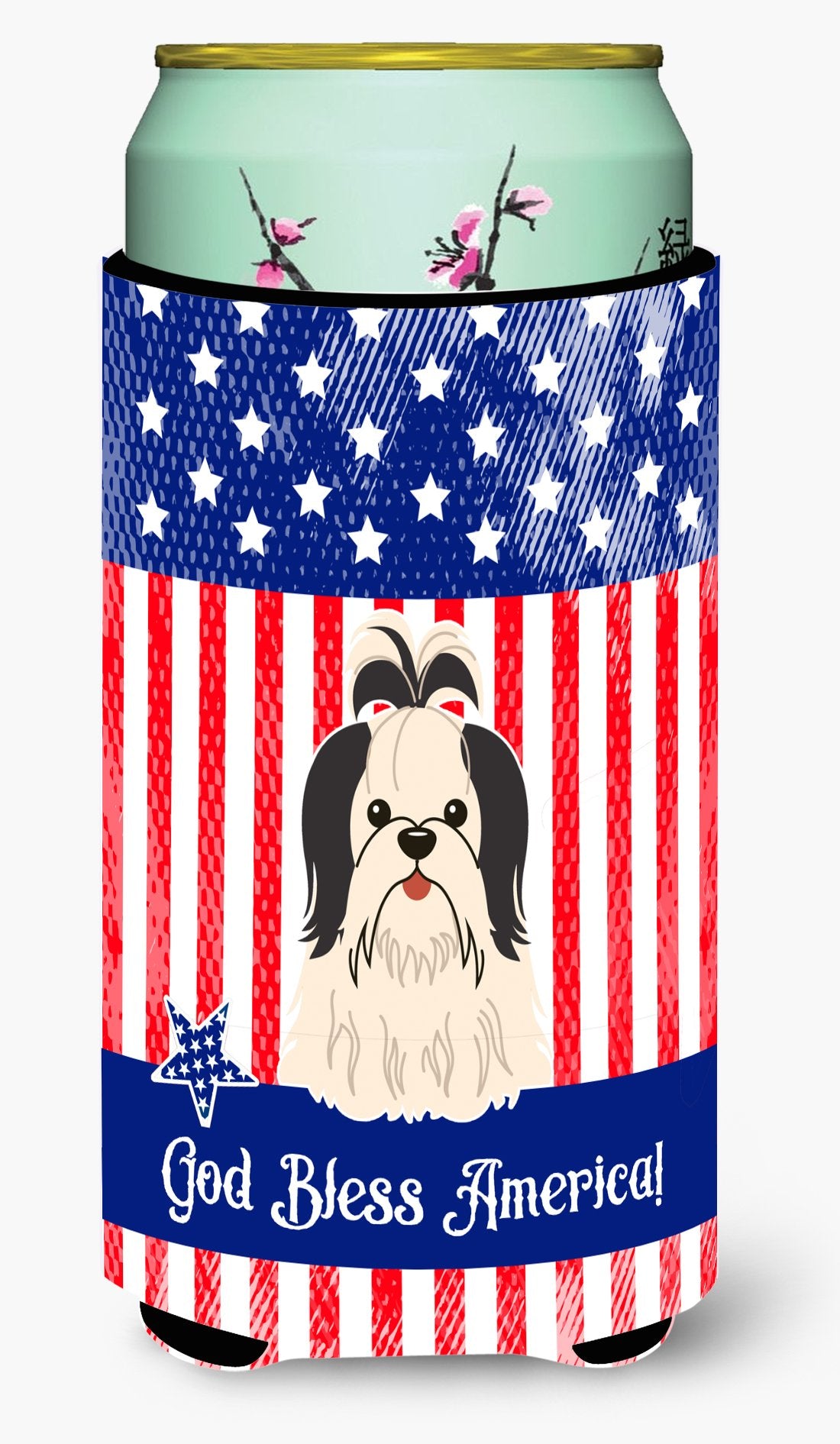 Patriotic USA Shih Tzu Black White Tall Boy Beverage Insulator Hugger by Caroline's Treasures