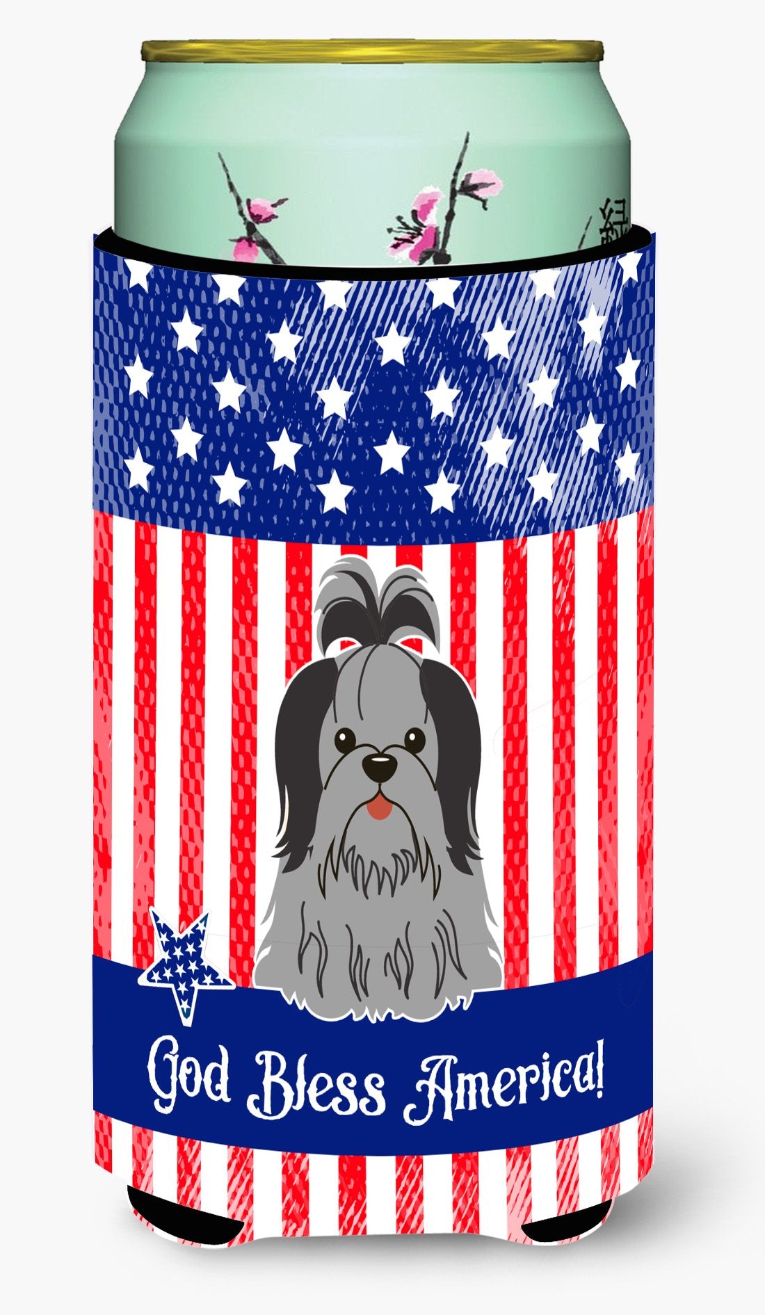 Patriotic USA Shih Tzu Black Silver Tall Boy Beverage Insulator Hugger by Caroline's Treasures