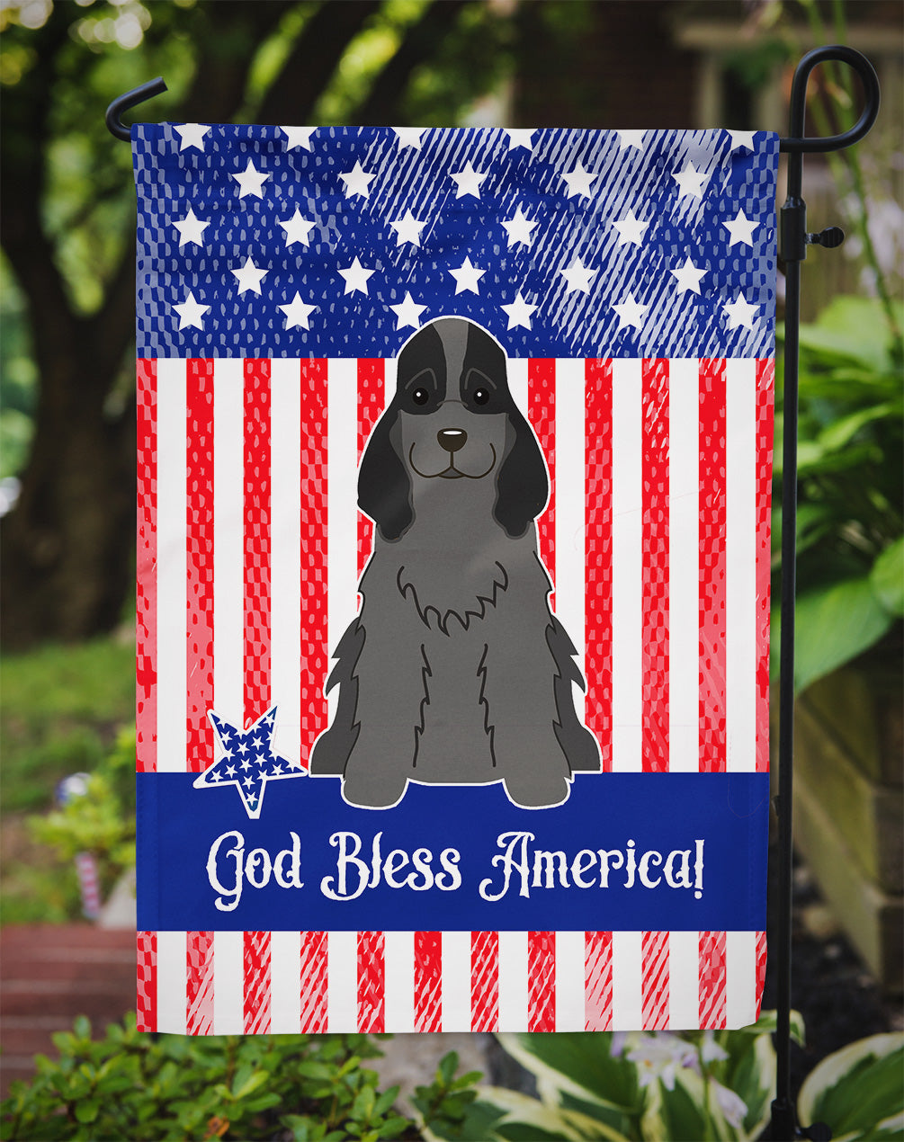 Patriotic USA Cocker Spaniel Black Flag Garden Size  the-store.com.