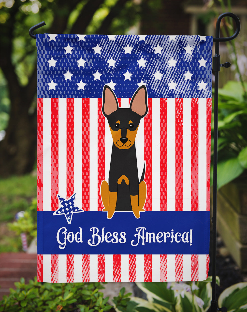 Patriotic USA English Toy Terrier Flag Garden Size  the-store.com.