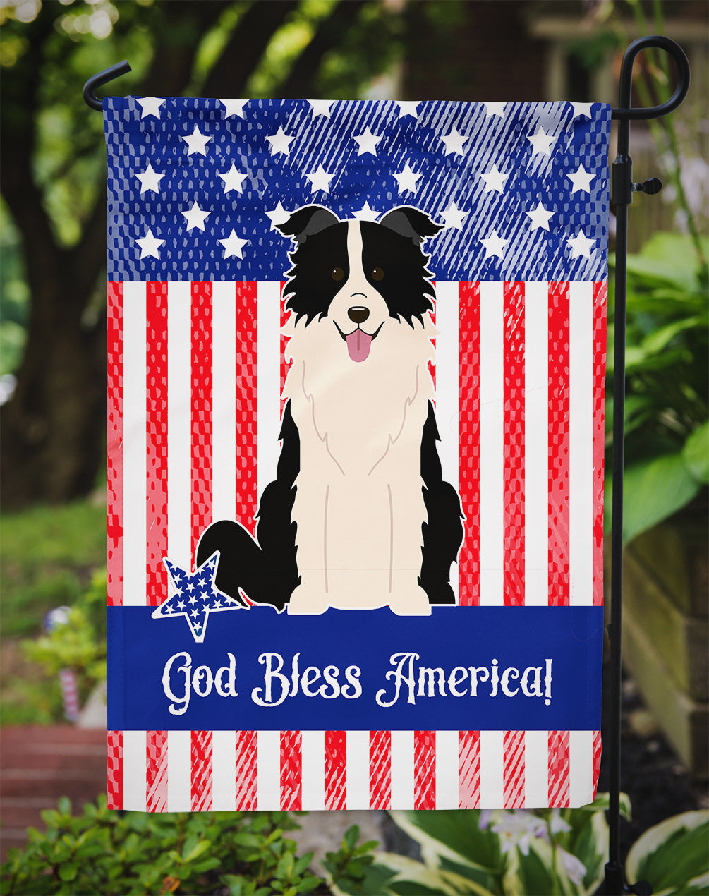 Patriotic USA Border Collie Black White Flag Garden Size  the-store.com.