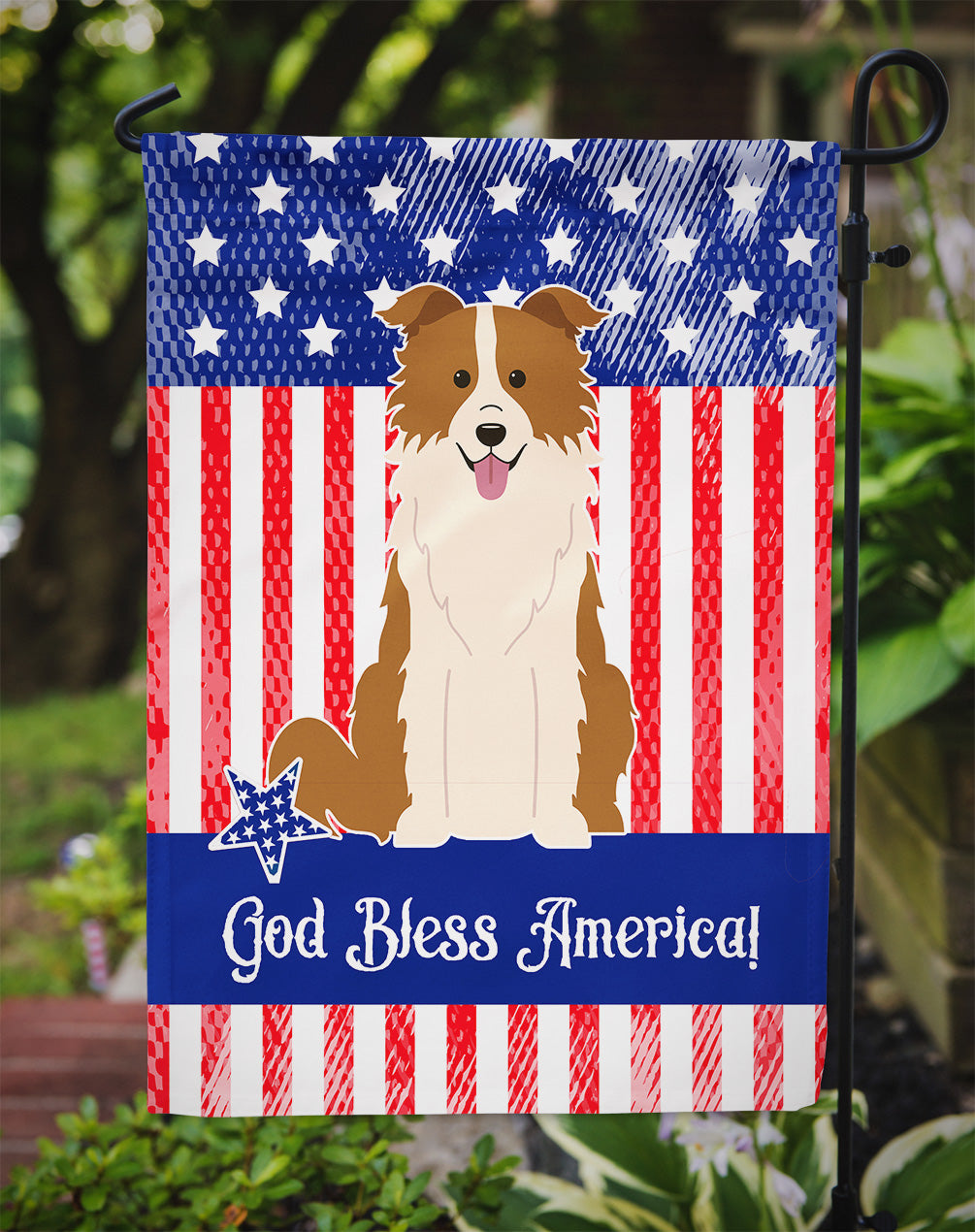 Patriotic USA Border Collie Red White Flag Garden Size  the-store.com.