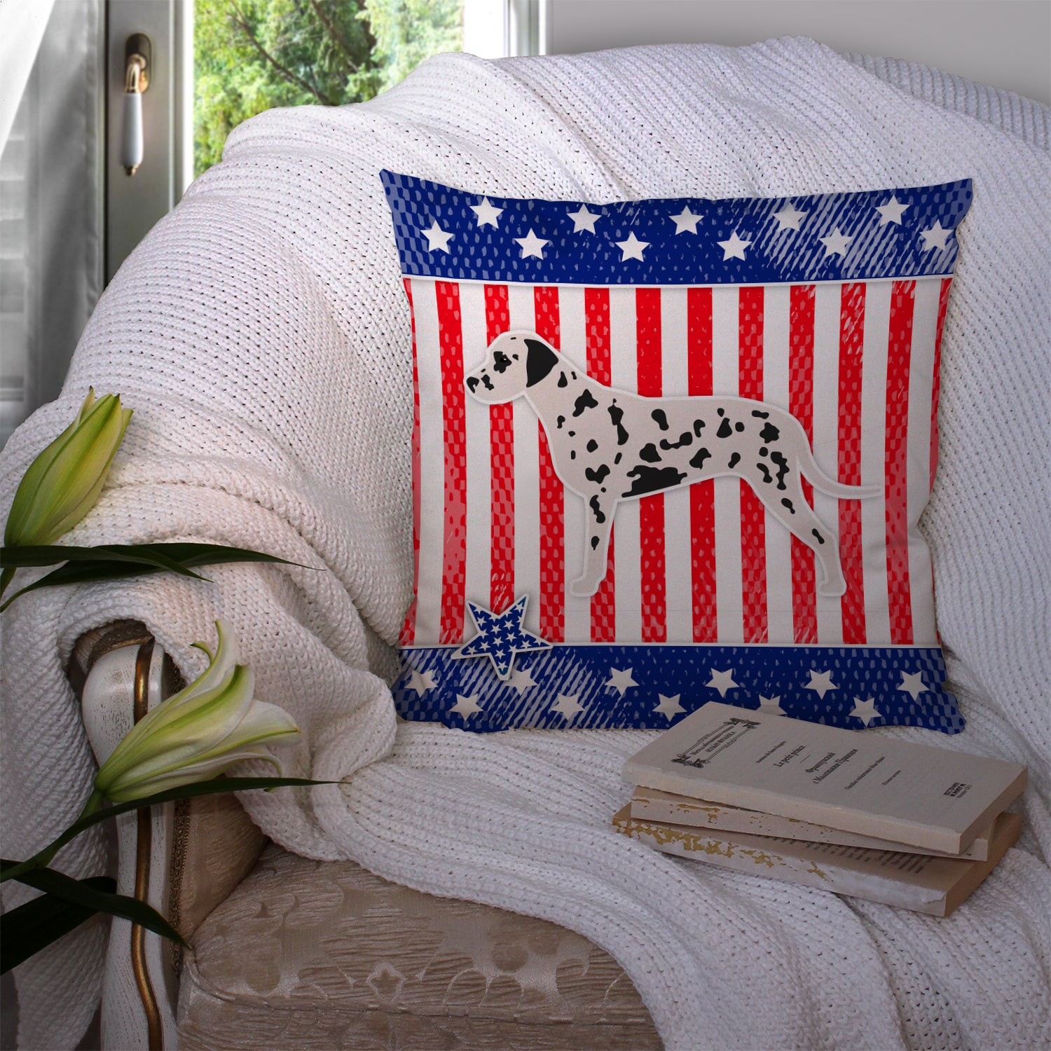 USA Patriotic Dalmatian Fabric Decorative Pillow BB3283PW1414 - the-store.com