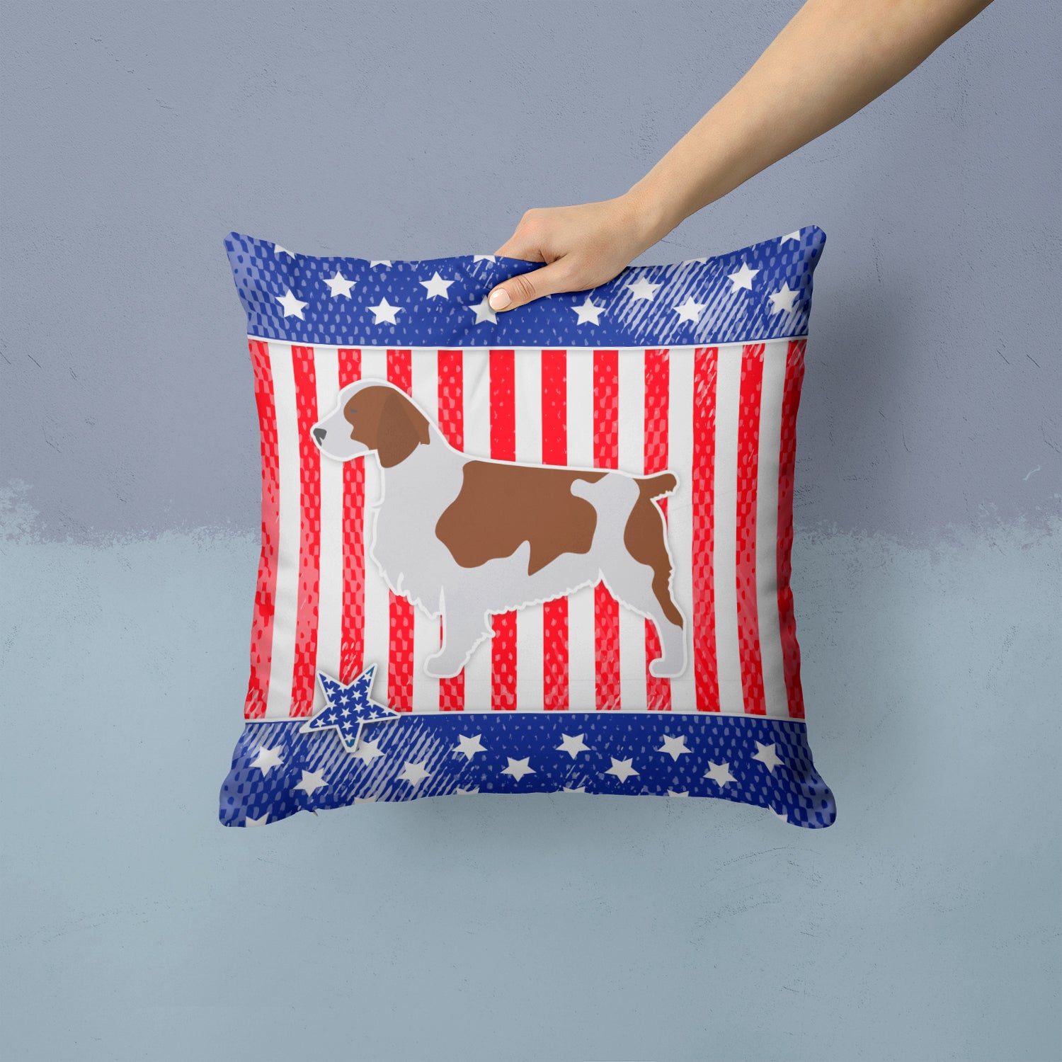 USA Patriotic Welsh Springer Spaniel Fabric Decorative Pillow BB3300PW1414 - the-store.com