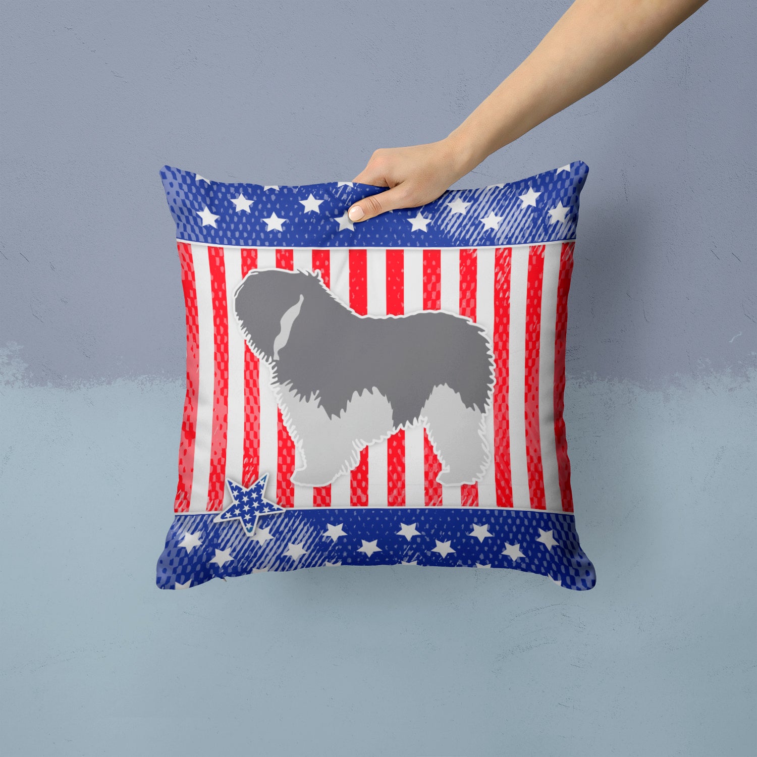 USA Patriotic Polish Lowland Sheepdog Dog Fabric Decorative Pillow BB3332PW1414 - the-store.com