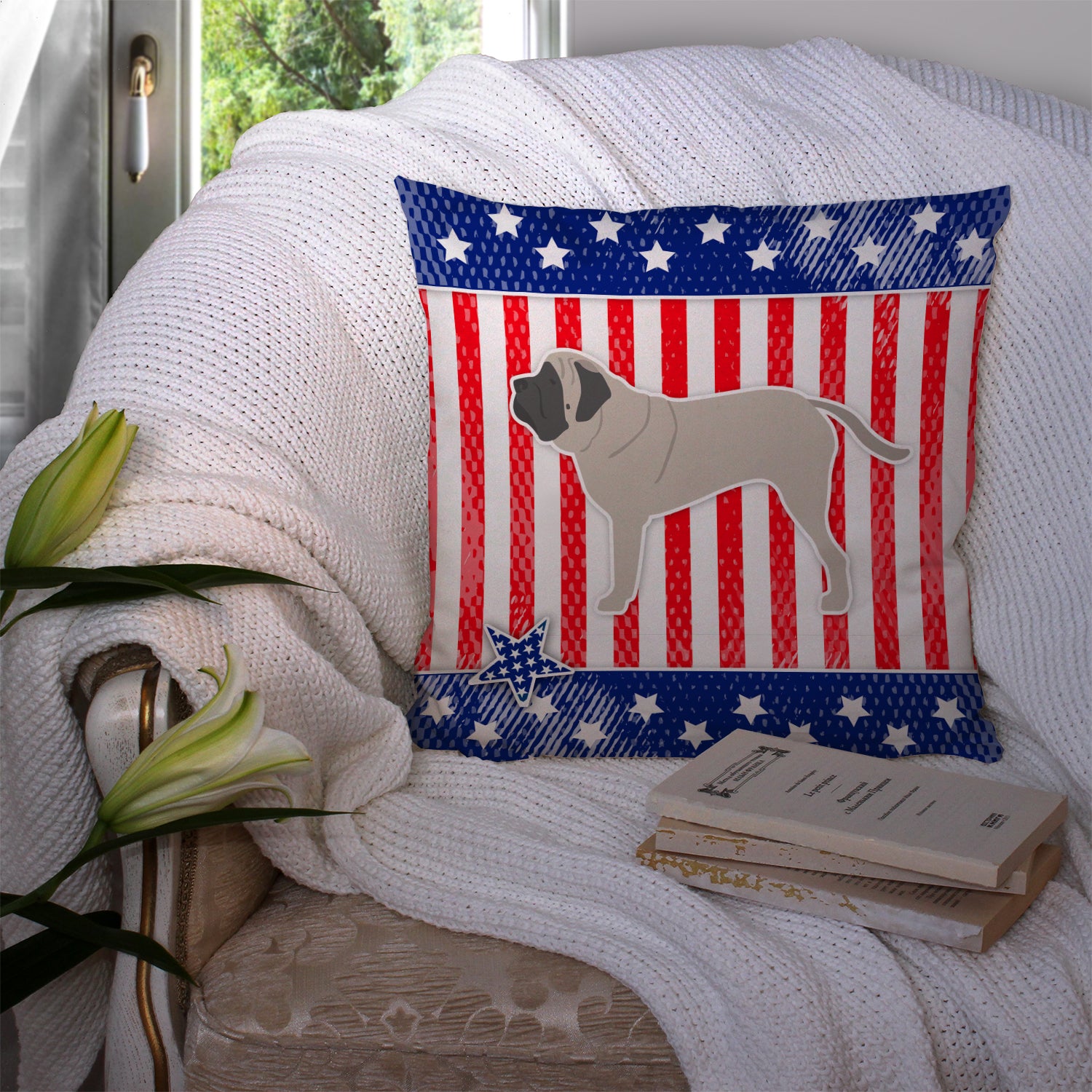 USA Patriotic English Mastiff Fabric Decorative Pillow BB3356PW1414 - the-store.com