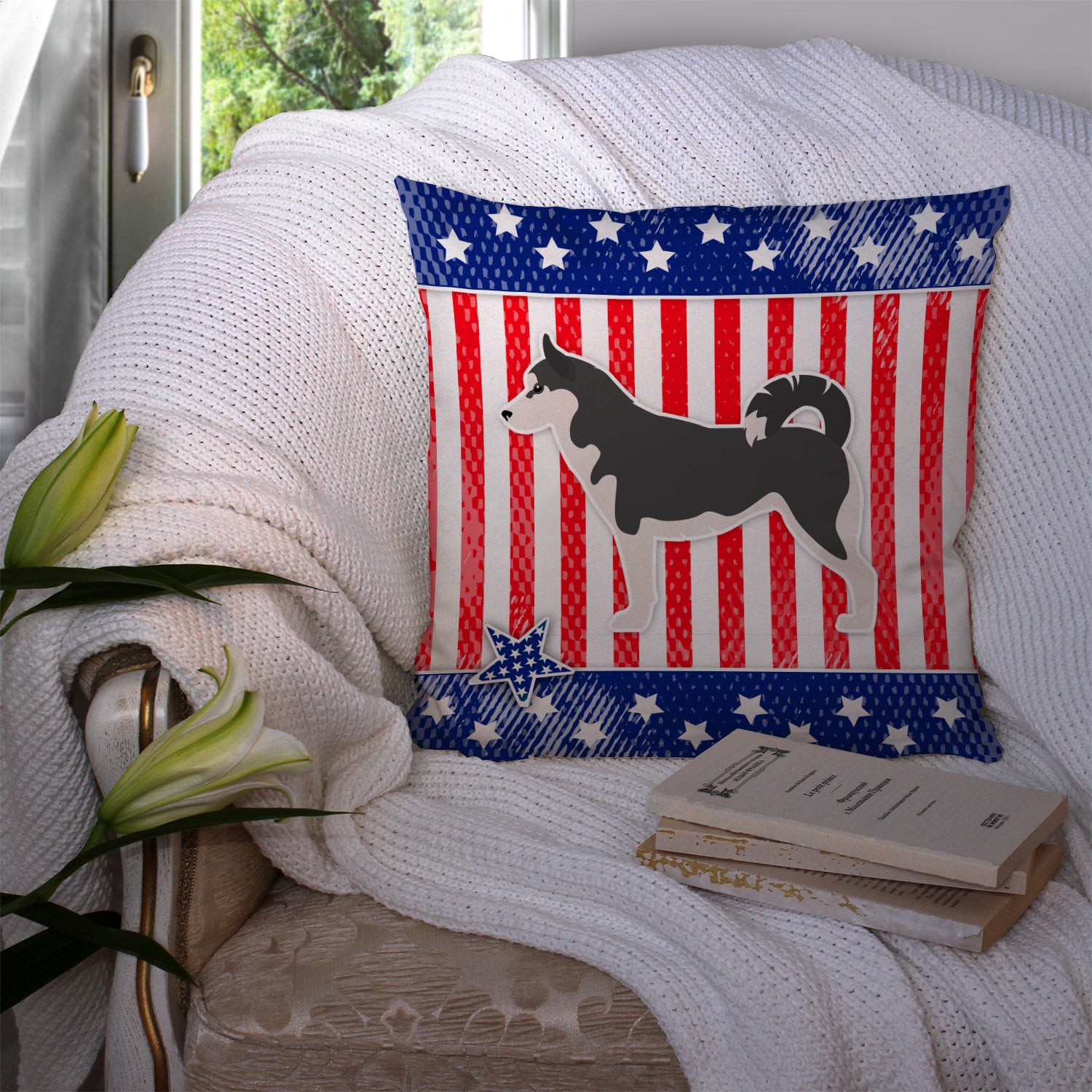 USA Patriotic Siberian Husky Fabric Decorative Pillow BB3380PW1414 - the-store.com