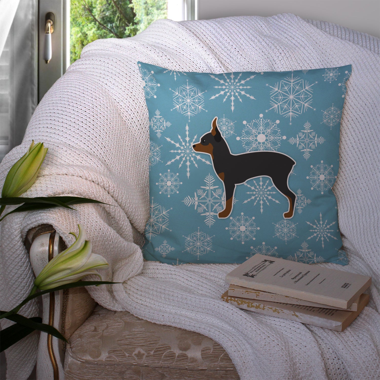 Winter Snowflake Toy Fox Terrier Fabric Decorative Pillow BB3487PW1414 - the-store.com