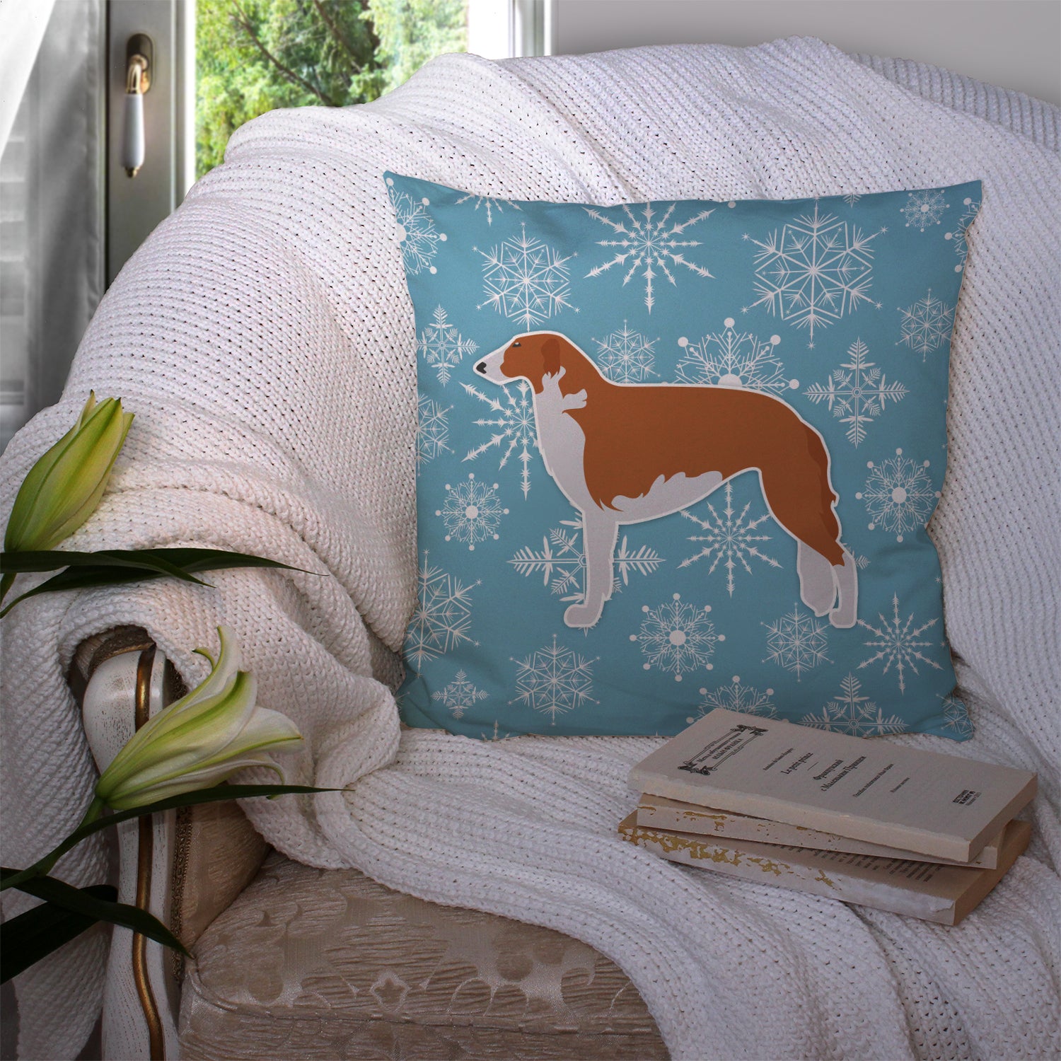 Winter Snowflake Borzoi Russian Greyhound Fabric Decorative Pillow BB3499PW1414 - the-store.com